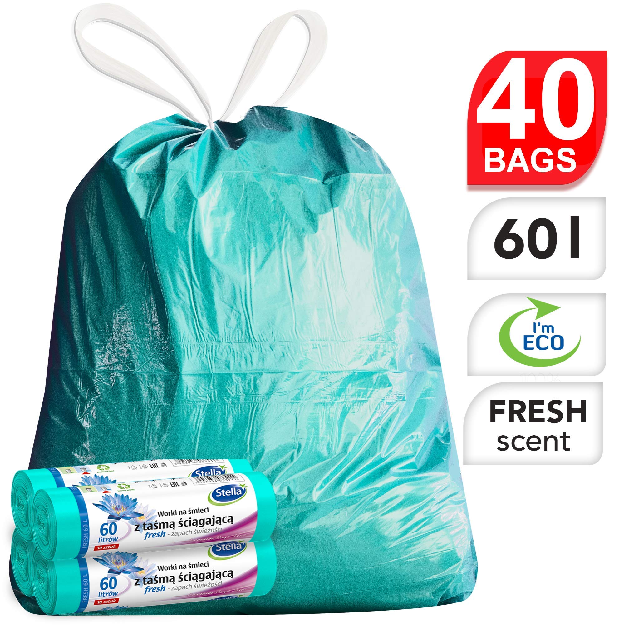 Stella Pack Sacs Poubelle 60l Écologiques Durables et Recyclables Avec Lien Parfumés Résistants en Plastique Pour Déchets Mint 40 Pcs Forte Tenue Facile à Fermer, 60 litres en