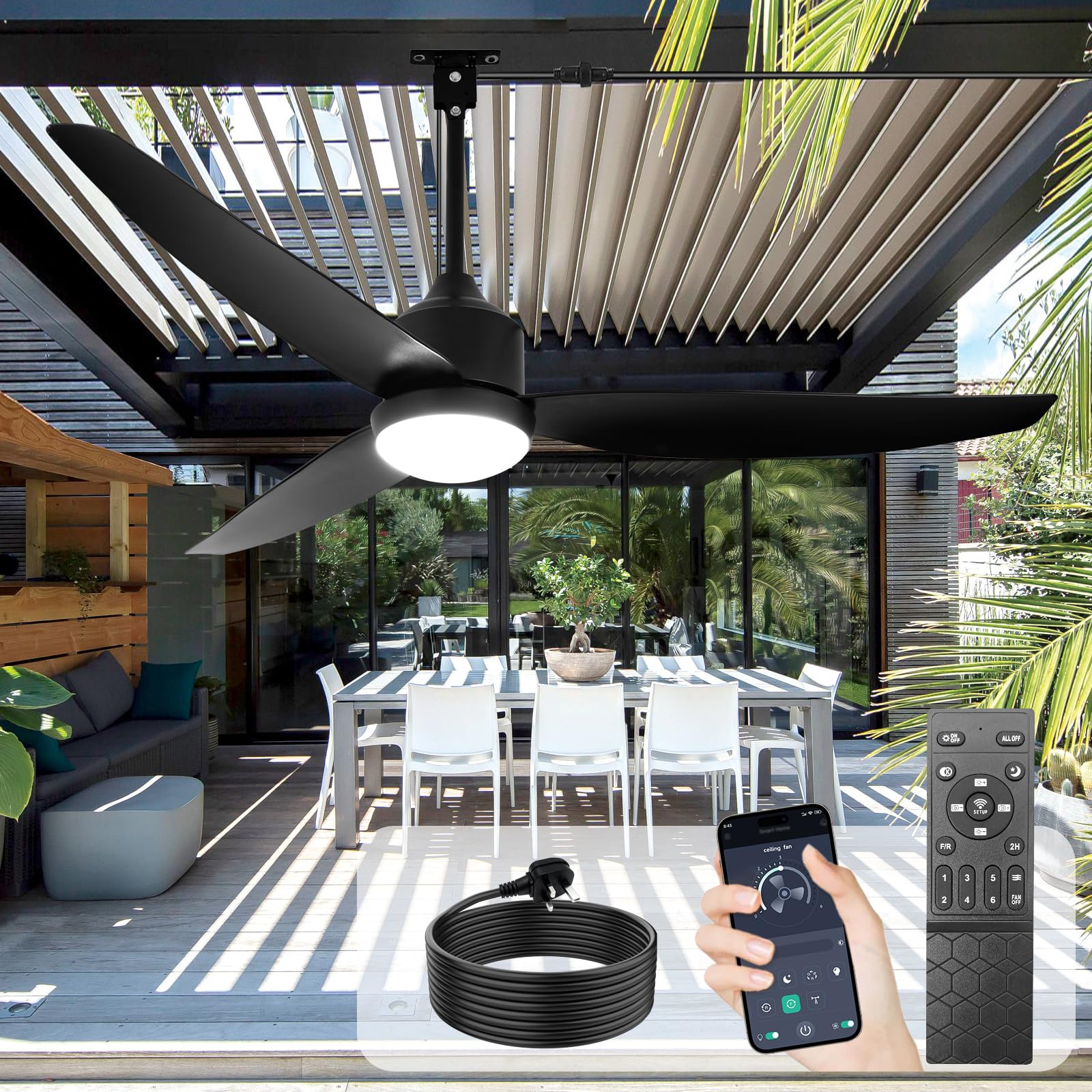 Depuley Outdoor Ceiling Fan with Light: 52" Black Hanging Fan for Gazebo Waterproof - Plug in Outdoor Fans for Patio Porch Pergola with APP Remote Control Reversible DC Motor
