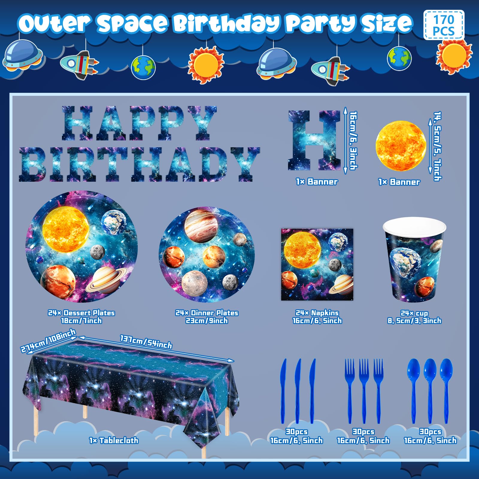 170pcs Outer Space Birthday Party Supplies Space Party Plates Napkins Tableware Set Solar System Disposable Cups Dinnerware Happy Birthday Banner Tablecloth for Kids Boys Party Decorations 24 Guests