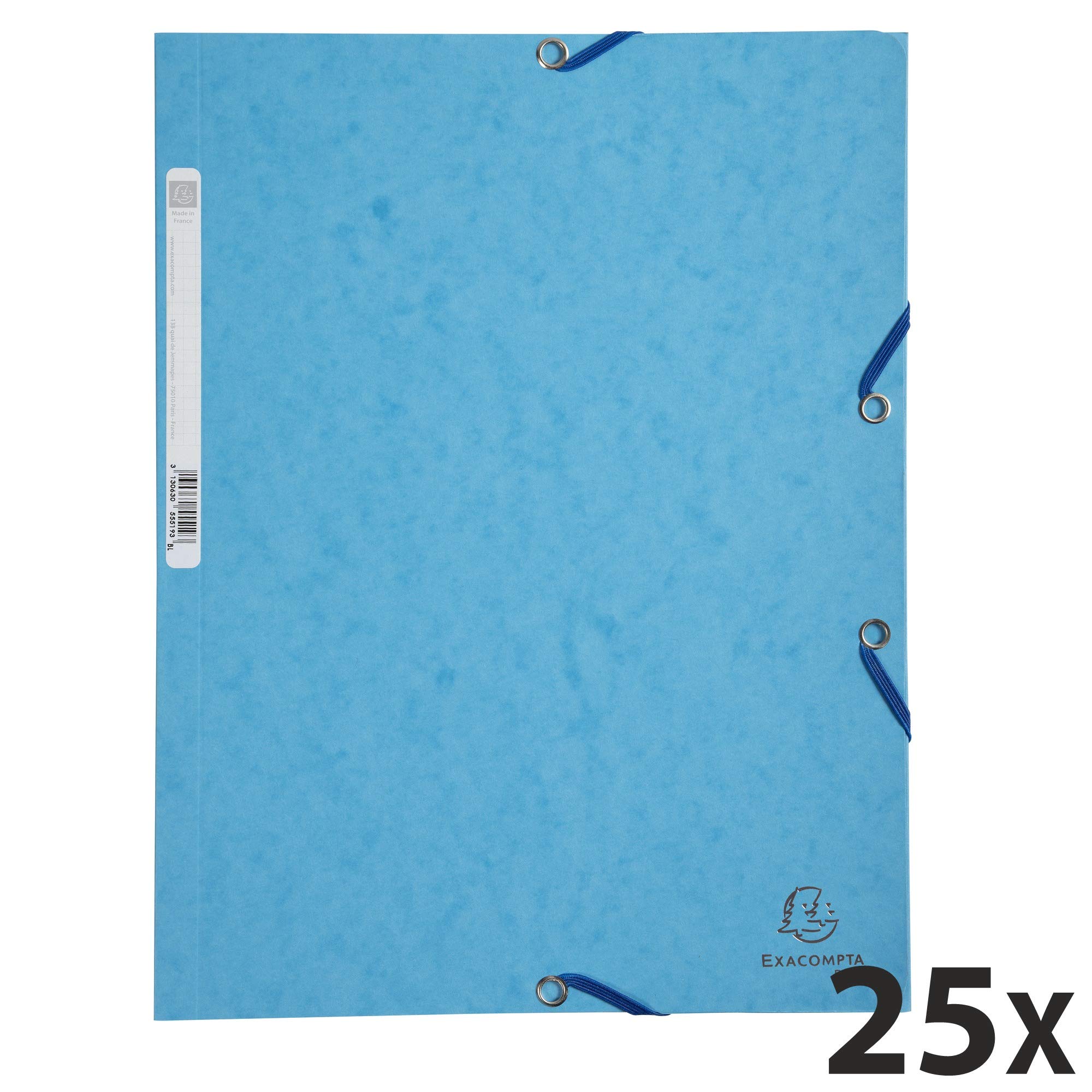 Exacompta - Réf. 55519E - Carton de 25 chemises à élastiques - pochettes 3 rabats - en carte lustrée 400 g/m2 - dimensions 24 x 32 cm pour documents au format A4 - couleur turquoise