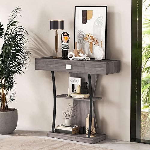 Miniatura 2 de Giantex Mesa consola, mesa de sofá con cajón y estantes de 2 niveles, mesa decorativa para entrada, pasillo y sala de estar (negro)
