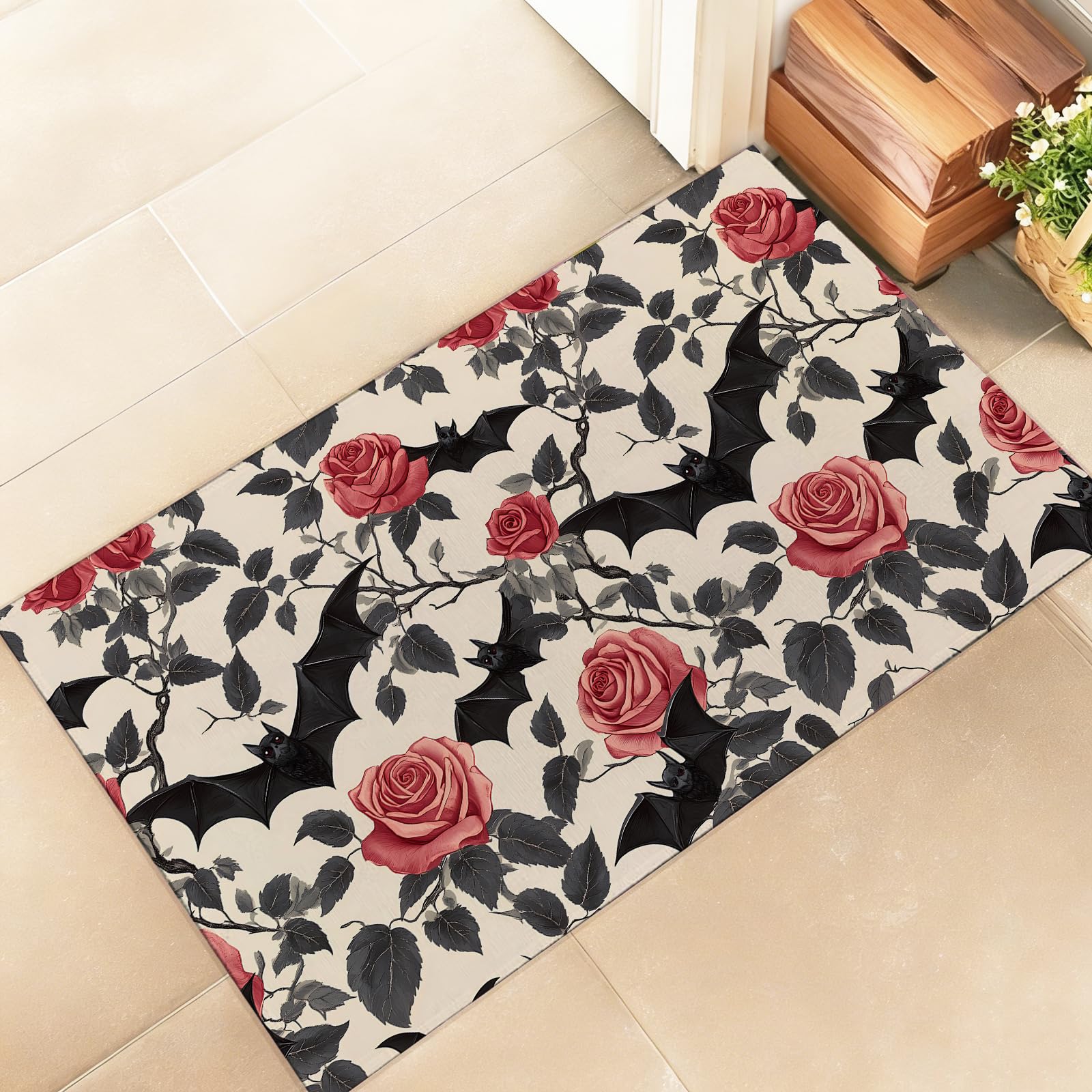 amepay Vintage Gothic Bat Indoor Door Mat – Stylish 17x29.5in Non-Woven Fabric Floor Doormat with Retro Floral Rose Design, for Porch Insider,Bedroom,