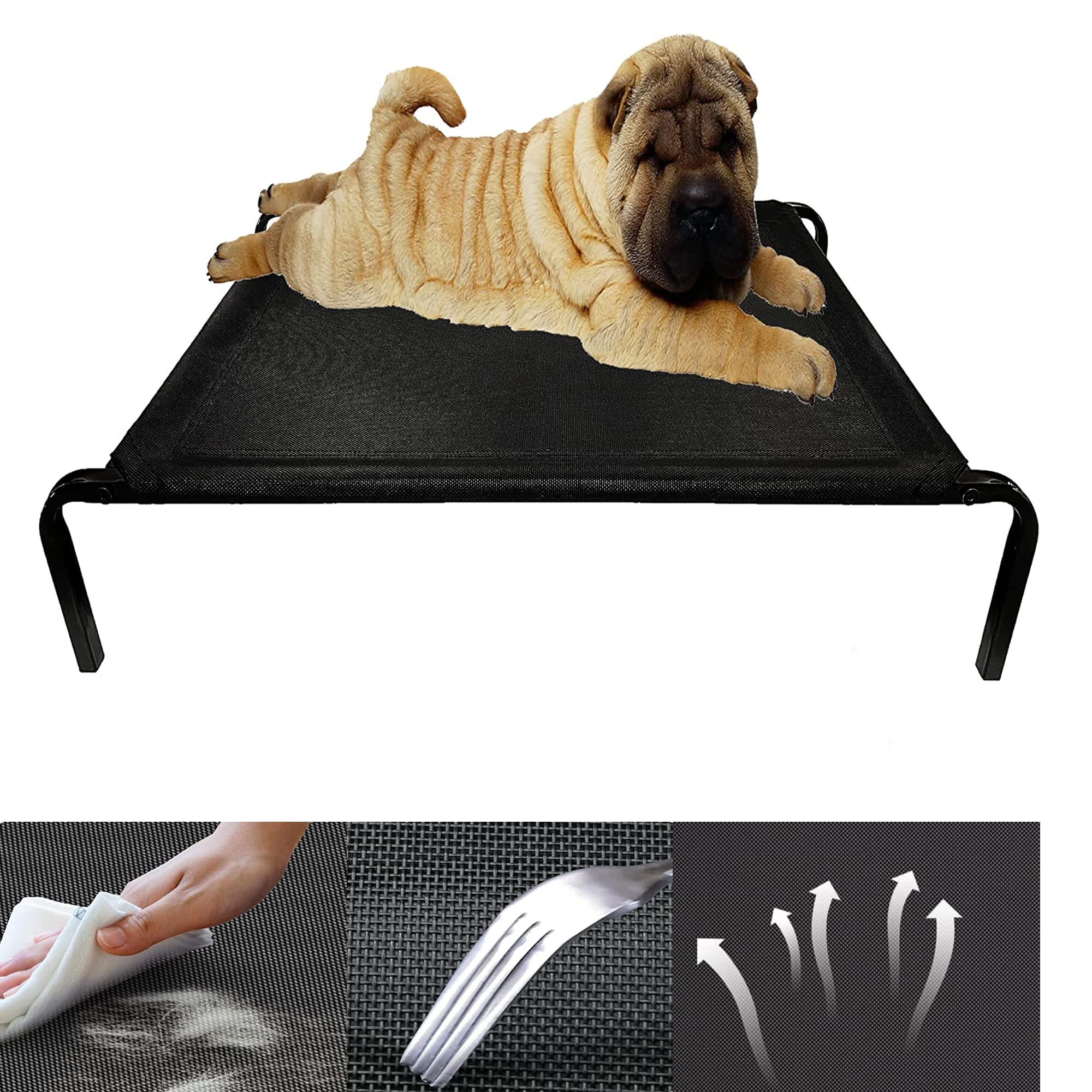 Raised Dog Bed, Chew Proof Elevated Dog Bed with Washable & Breathable Mesh, Portable Pet Cot with Supereasy Latch Fastener Design, Silver Aluminum Frame, No-Slip Feet, Medium, Black