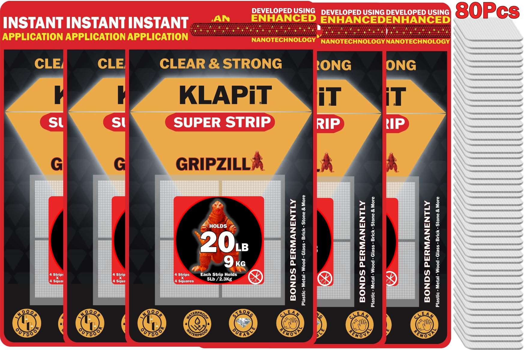 KLAPiT SUPER STRIP GRIPZILLA - Heavy Duty Double Sided Nano Mounting Tape for Hanging Pictures and Glue-Free Fix for Furniture, Kitchen Accessories, Carpet, and Foam, with Four Precut Squares (80 pc)
