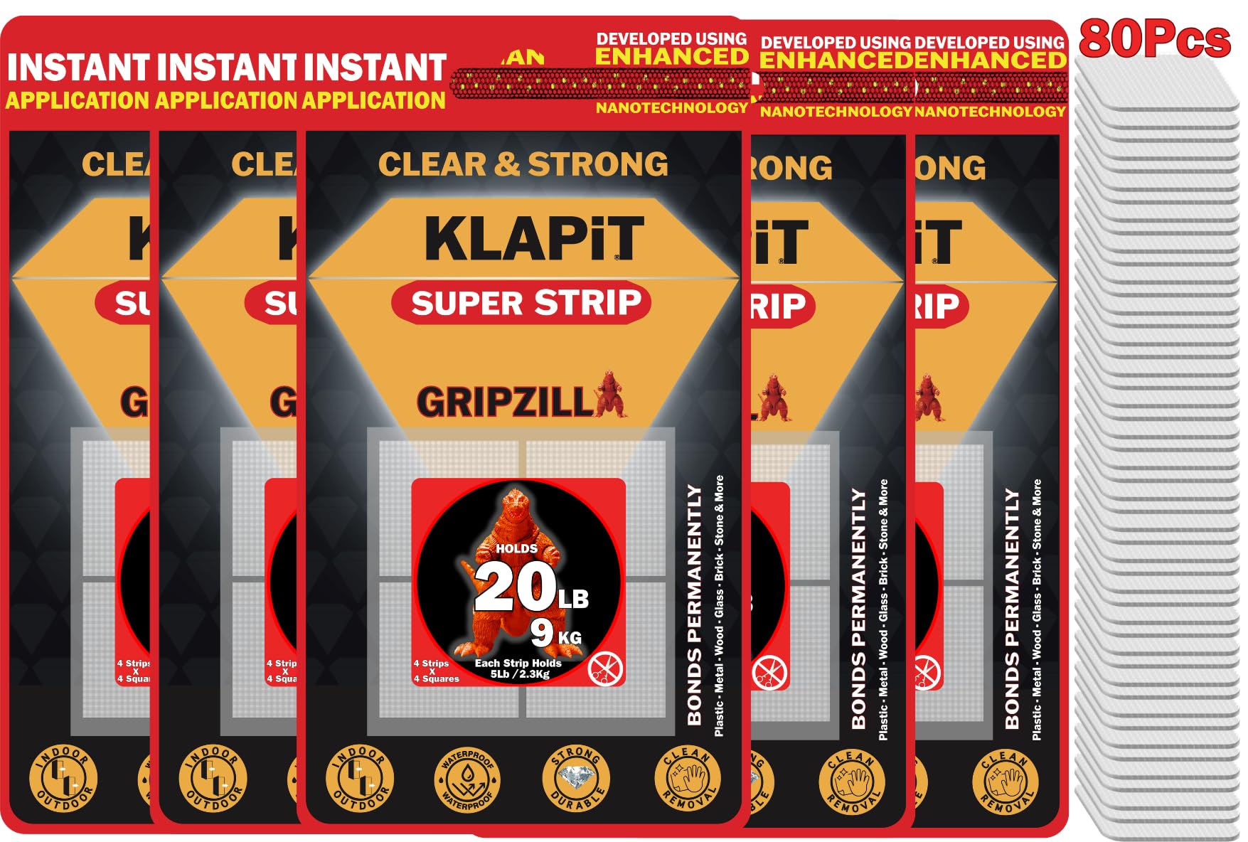 KLAPiT SUPER STRIP GRIPZILLA - Heavy Duty Double Sided Nano Mounting Tape for Hanging Pictures and Glue-Free Fix for Furniture, Kitchen Accessories, Carpet, and Foam, with Four Precut Squares (80 pc)