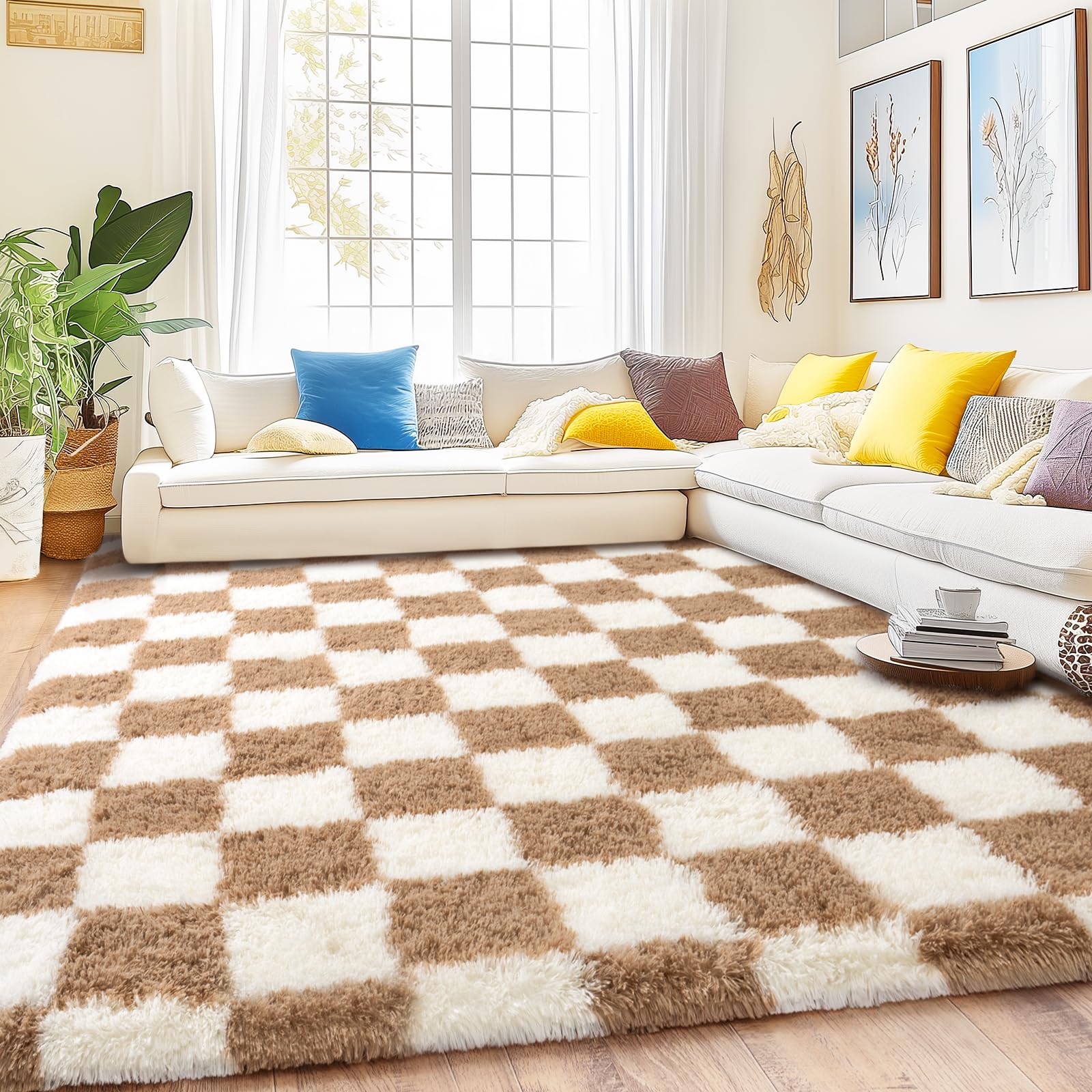 Quntue Checkered Rug 9x12 for Living Room, Ultra Fluffy Fuzzy Shag Large Area Rug for Bedroom, Modern Plush Soft Upgrade Non-Slip Carpet for Kids Girls and Boys Room Dorm Home Decor, Cream and Camel — image 1