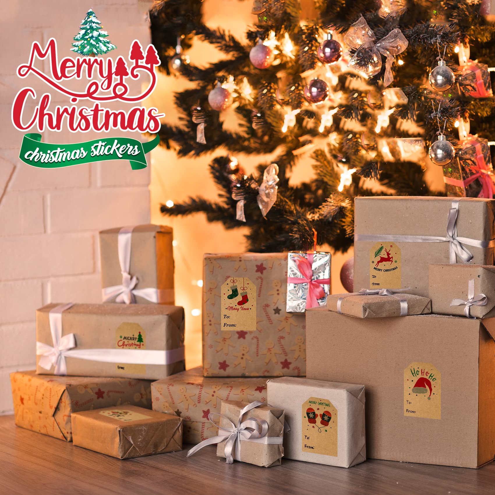 300 Pcs Christmas Stickers,2 * 3 Inch Christmas Label Stickers,6 Designs of Christmas Tags Sticker, Brown, Small - Image 4