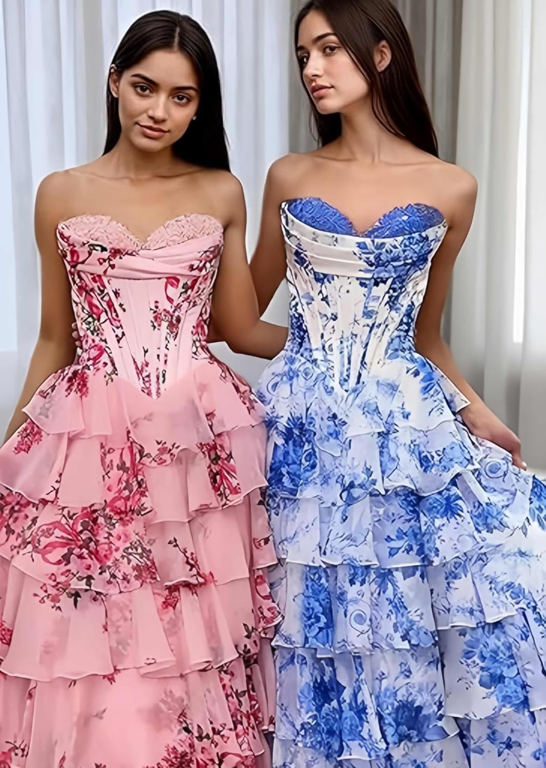 Chiffon Tiered Prom Dresses for Women 2026 Strapless Corset Ball Gown Floral Print A Line Formal Evening Party Dress - Image 3