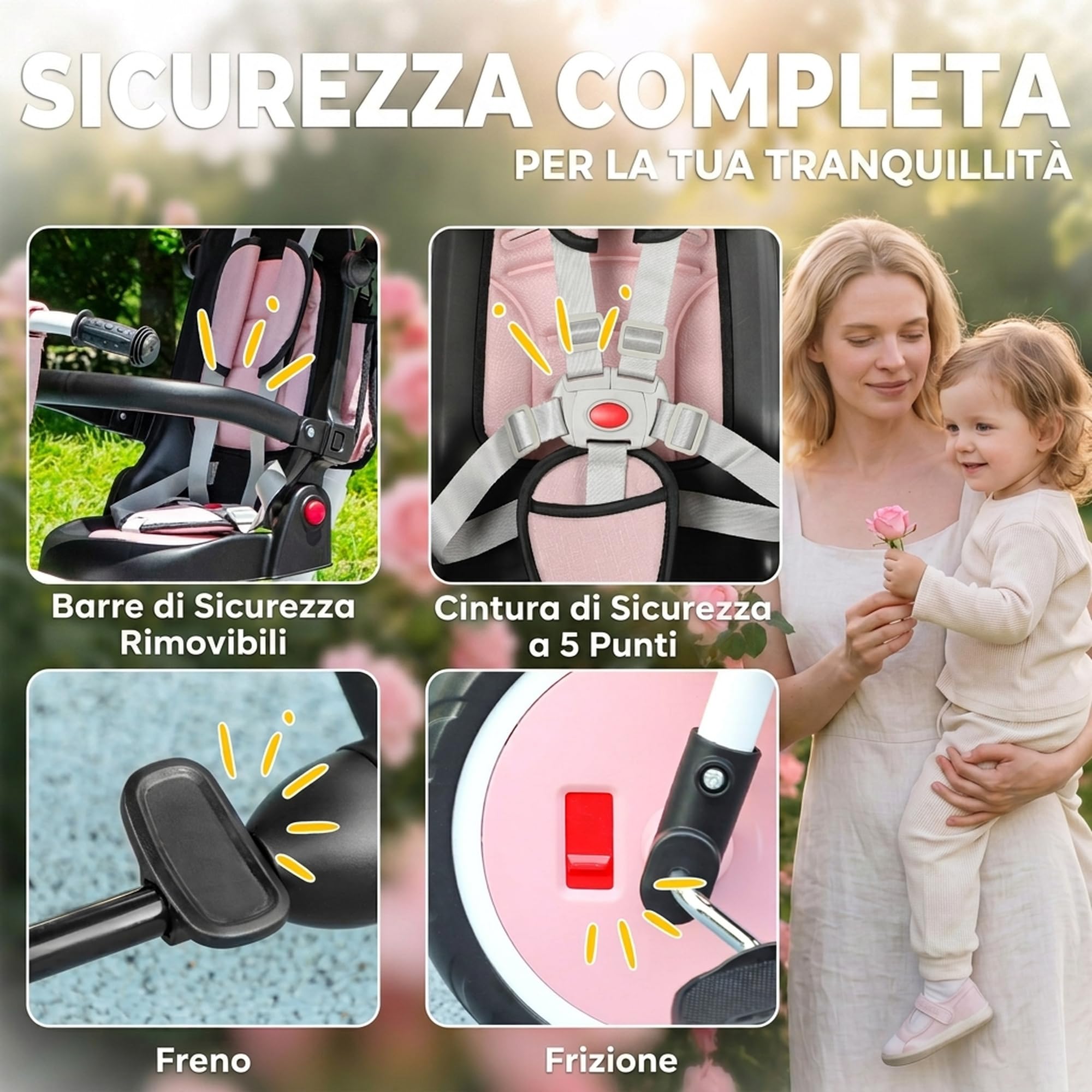 AIYAPLAY 6 in 1 Triciclo Passeggino Bici per Bambini 1-5 Anni 25Kg Rosa