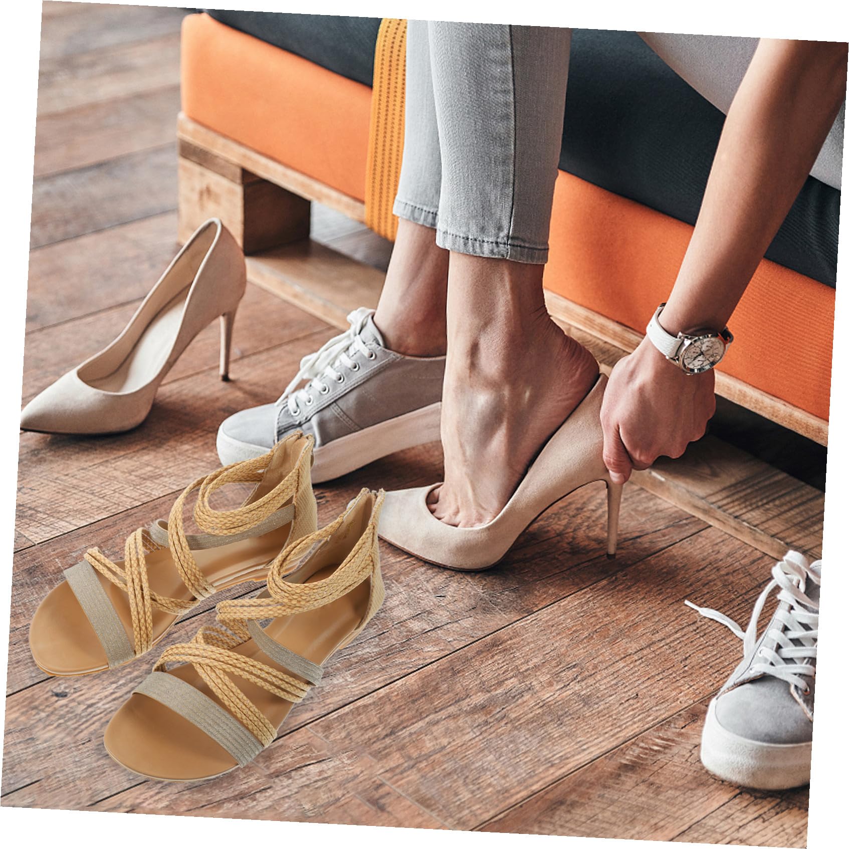 Zapatos Planos con Tiras Sandalias de Mujer con Mujer Sandalias Elegantes Romanas Planas Elegantes Zapatos Romanos de Verano Superior: PU