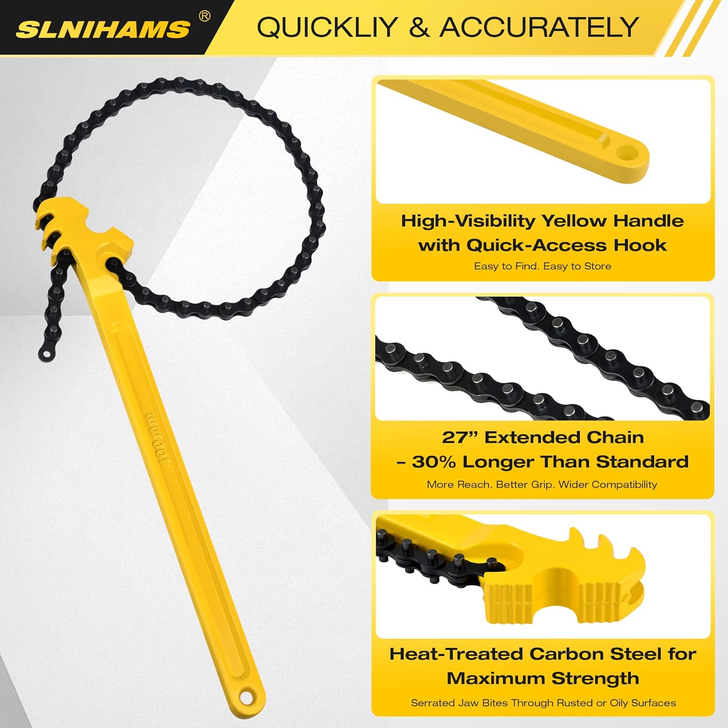 SLNIHAMS 16 Inch Chain Wrench, Heavy Duty Oil Filter Chain Wrench Adjustable 27" Chain for 1-1/2” to 7-1/2” Pipe & Oil Filter Grip - Heat-Treated Carbon Steel with Hanging Hook - Diesel/Plumbing Use
