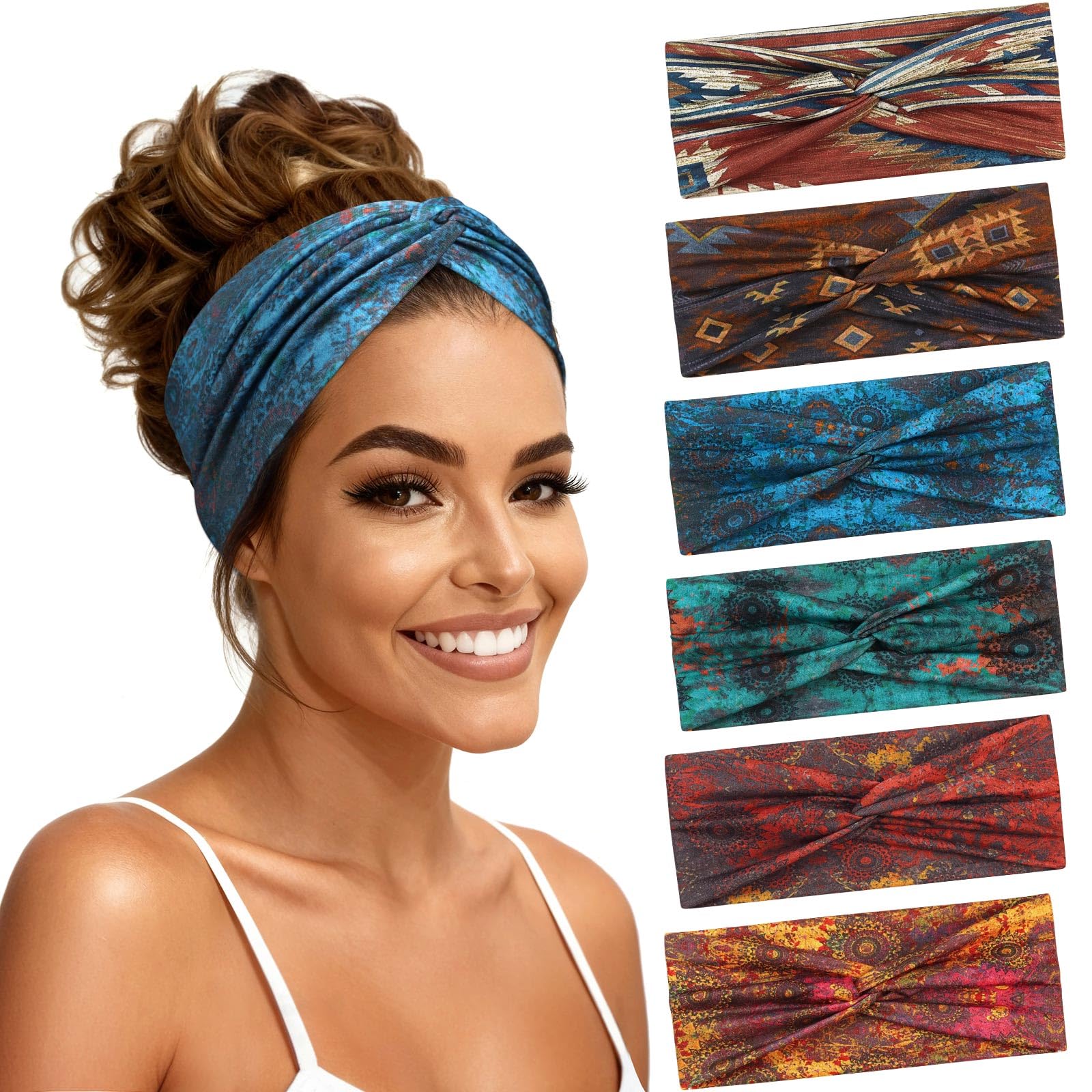 Fascia Capelli Donna 6 Pcs, Fasce per Capelli Yoga Large Elastica e Morbida, Cerchietto Boho Accessori per Sport, Palestra, Corsa