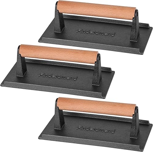 Finderomend Prensa para hamburguesas, prensa de hierro fundido, carne de alta resistencia, tocino, carne y hamburguesa con mango de madera para