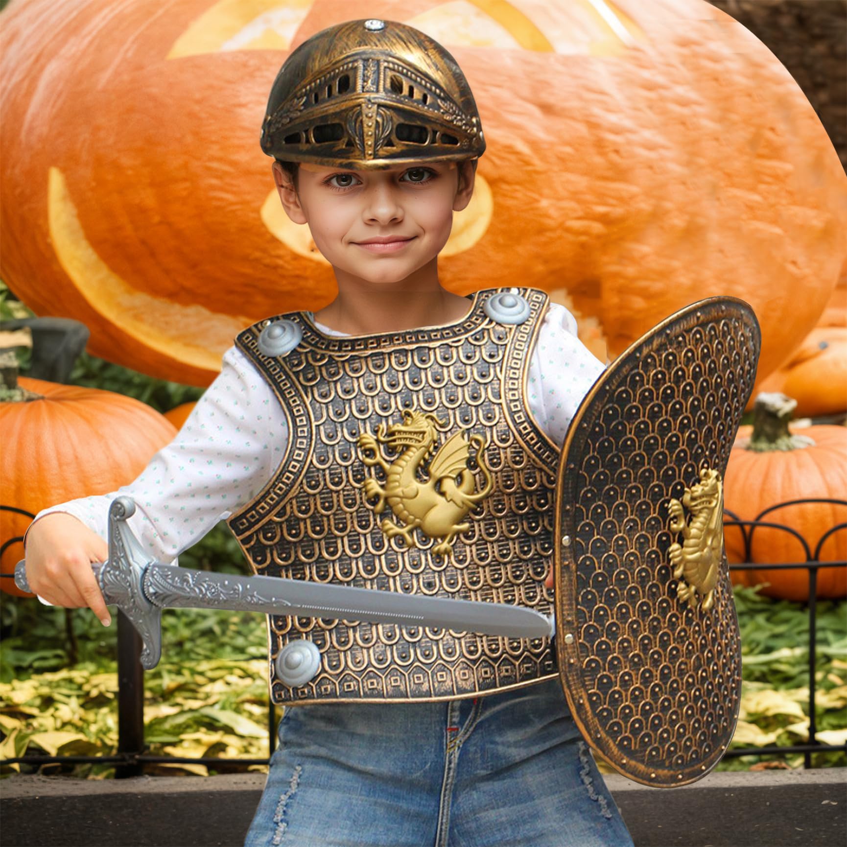 Costume da cavaliere per bambini, 4 pezzi, set di armatura in plastica, adatto per bambini da 3 a