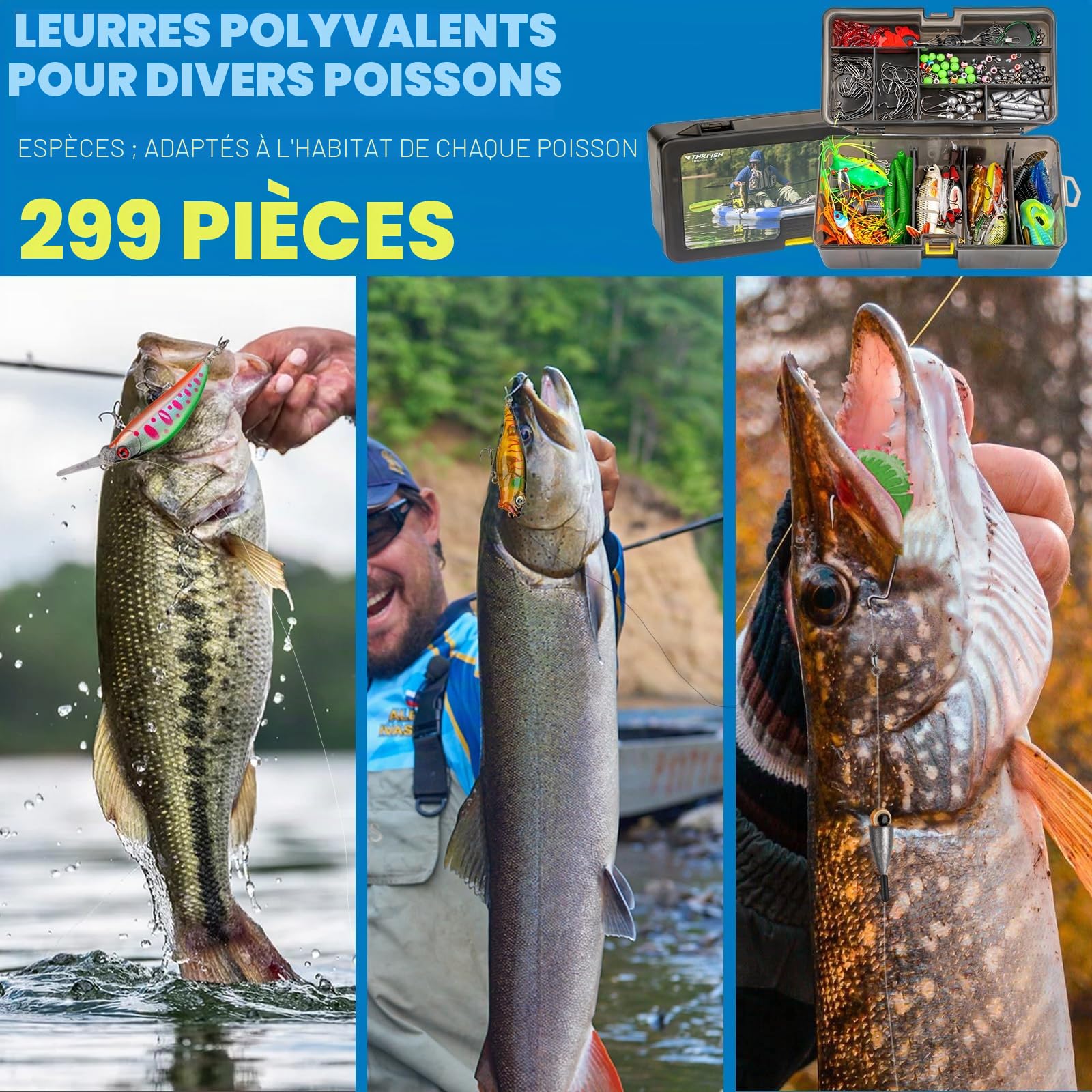 THKFISH Kit de leurres de pêche, kit d'équipement de pêche au bar pour eau douce et salée avec matériel inclus Appâts de surface, appâts spinners, grenouille, crochets/poids Accessoires Cadeau pour