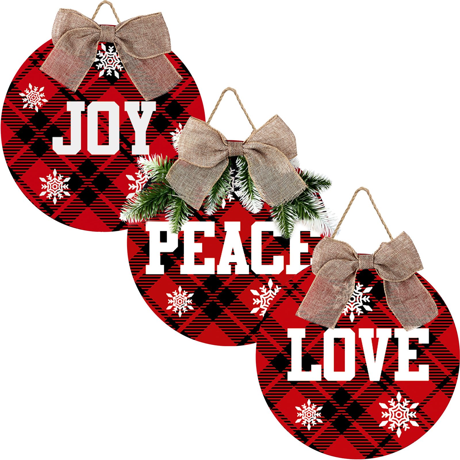 Hicarer 3 Pieces Christmas Hanging Sign Decorations Peace Joy Love Sign Buffalo Check Plaid Wreath for Front Door Rustic Burlap Wooden Holiday Decor Christmas Indoor Outdoor Decorations (Black Red)