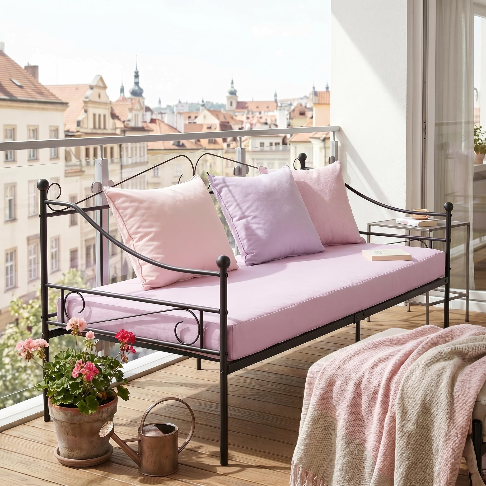 Daybed Outdoor Sofa Bett Bettgestell für 90x190CM Matratze, Familienbett Gästebett Metallbett Couchbett Sofabed Tagesbett Jugendbett Einzelbett für Schlafzimmer Wohnzimmer Veranda/Schwarz(Stil-A)