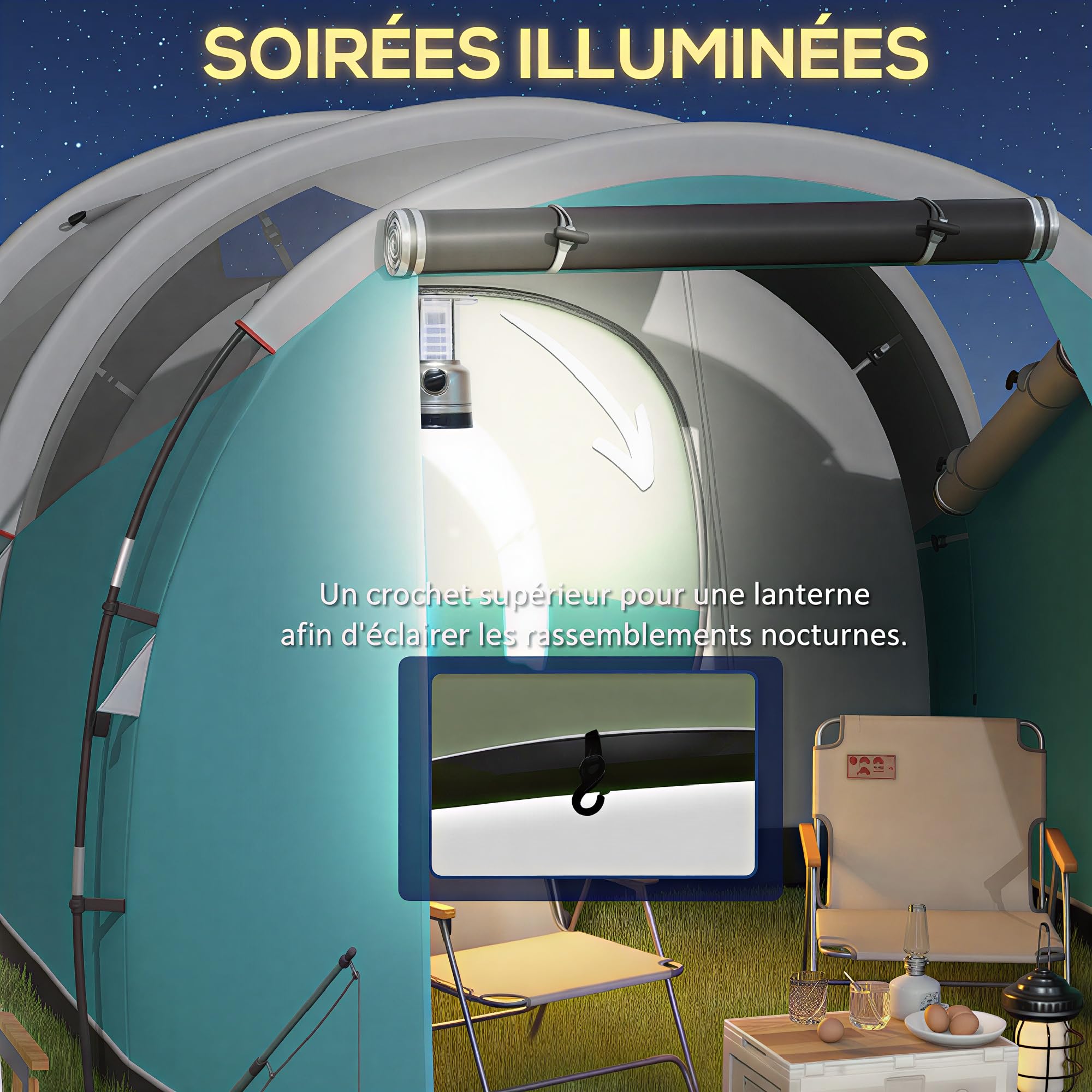 Outsunny Tente de Camping Familiale 3 Personnes 4,6 x 2,6 x 1,9 m Bleu | Tente Tunnel Imperméable 3 000 mm, Ventilée, 2 Portes et Fenêtres, Montage Facile