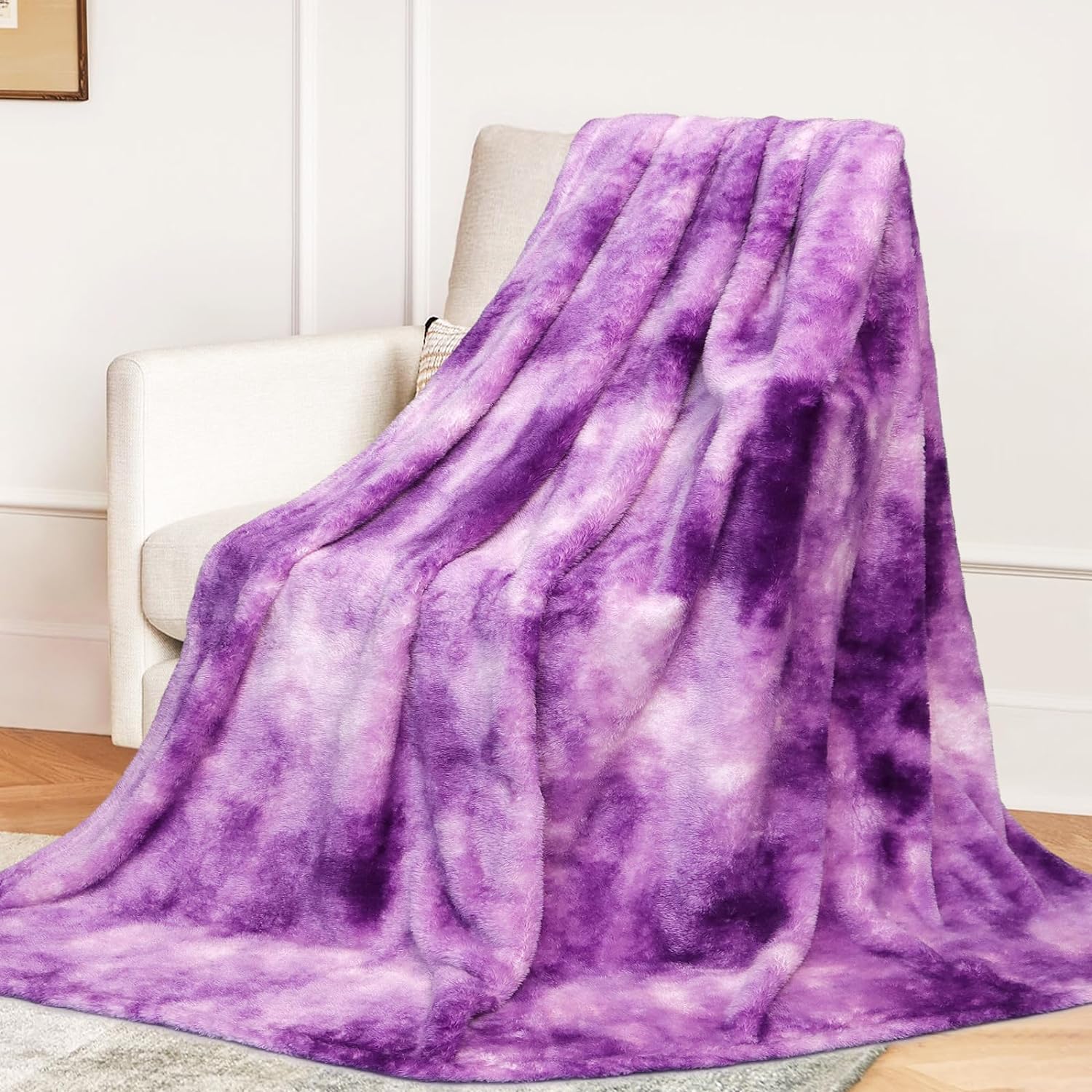 MUGD Blankets Fuzzy Soft Fleece Throw Blanket Cozy Soft Warm Throw Blanket for Bed Purple White Throw(50"x70"/ 130x150cm)