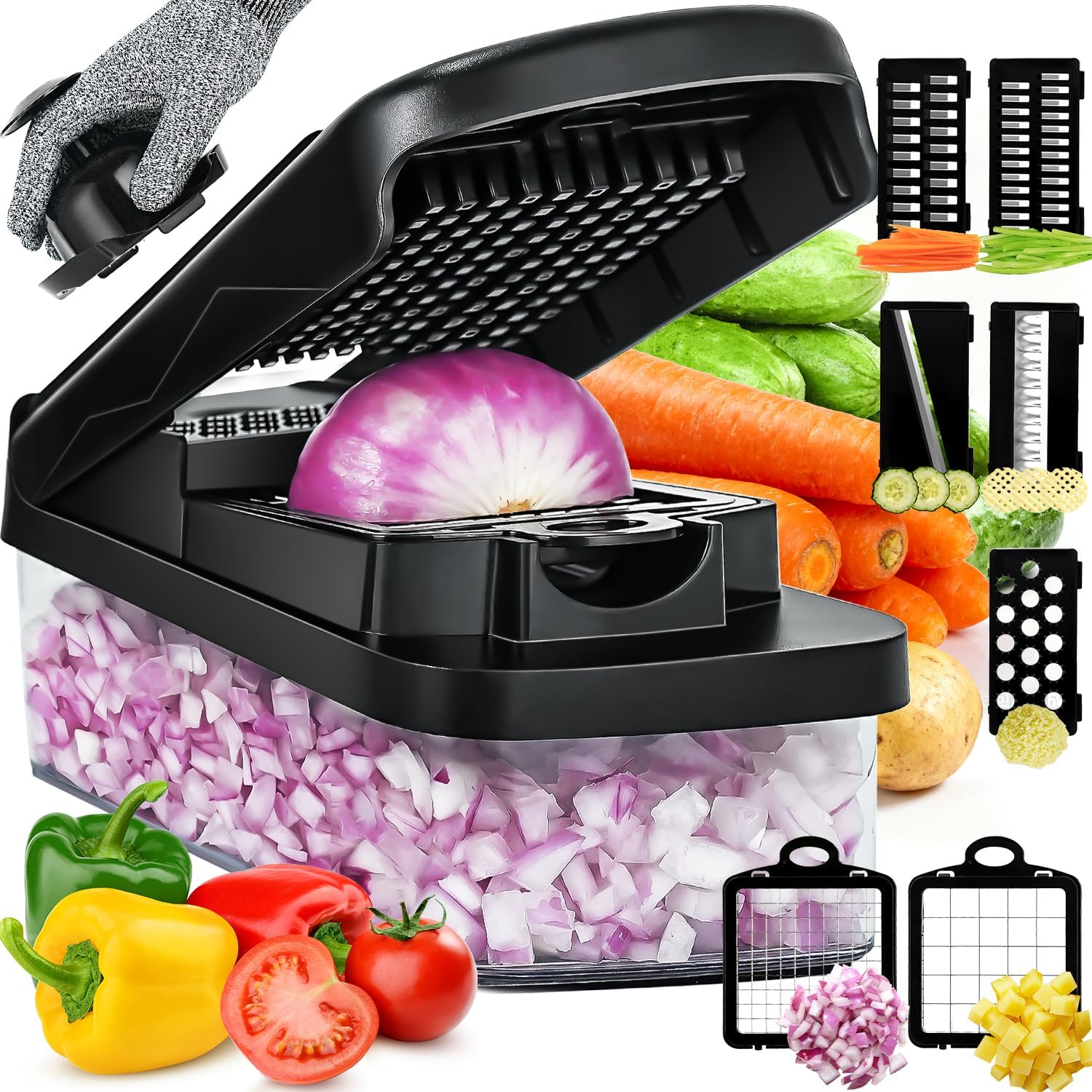 Vegetable Chopper Slicer Food Chopper with Container Veggie Dicer Cutter Salad Chopper Mandoline Slicer Cheese Grater Includes Hand Guards and Gloves & Kitchen Gadgets