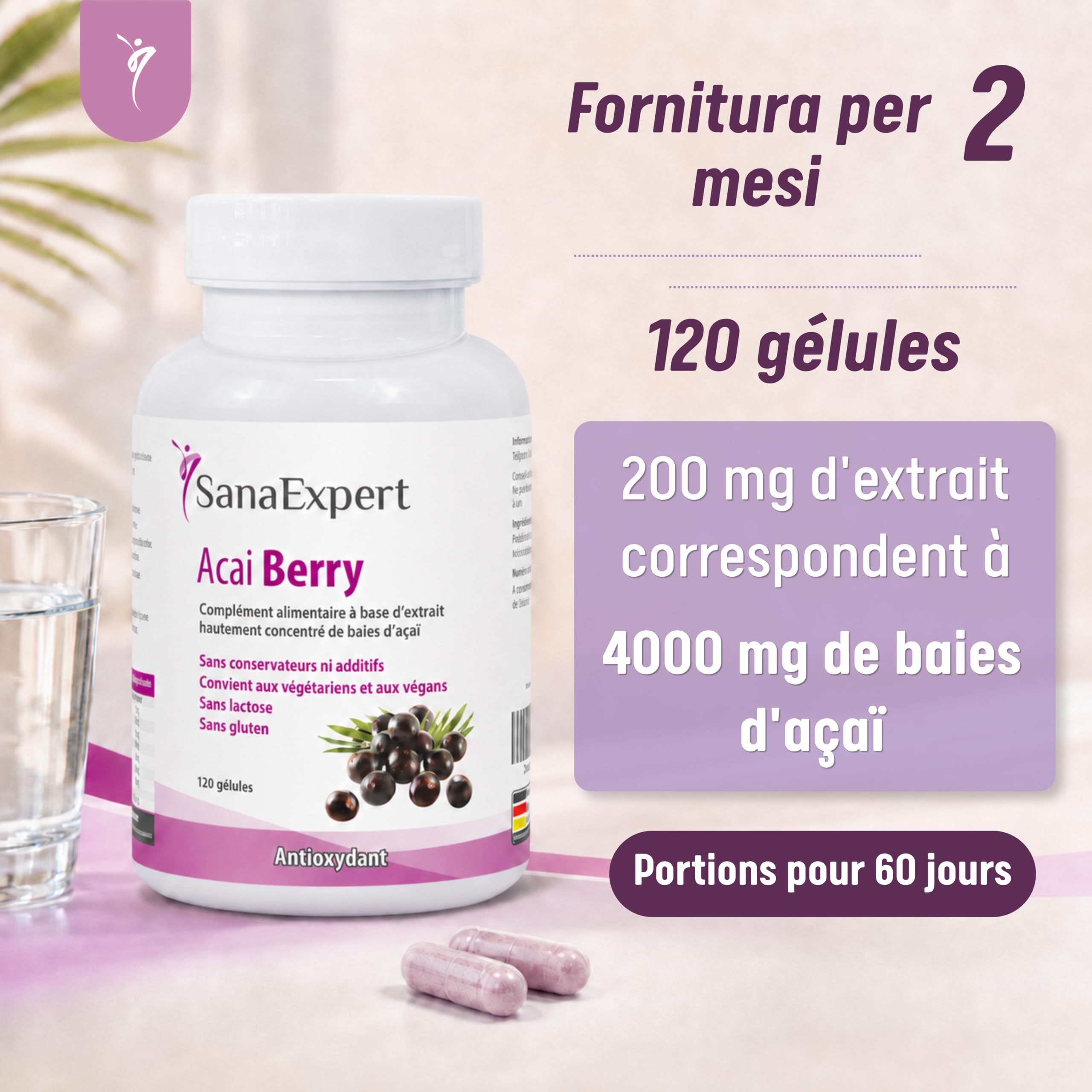 SanaExpert Acai Berry - Superaliment & Antioxydant Naturel - Extrait de Baies d'Açaï Pur - Complément Alimentaire en Gélules - Vegan - 120 Capsules