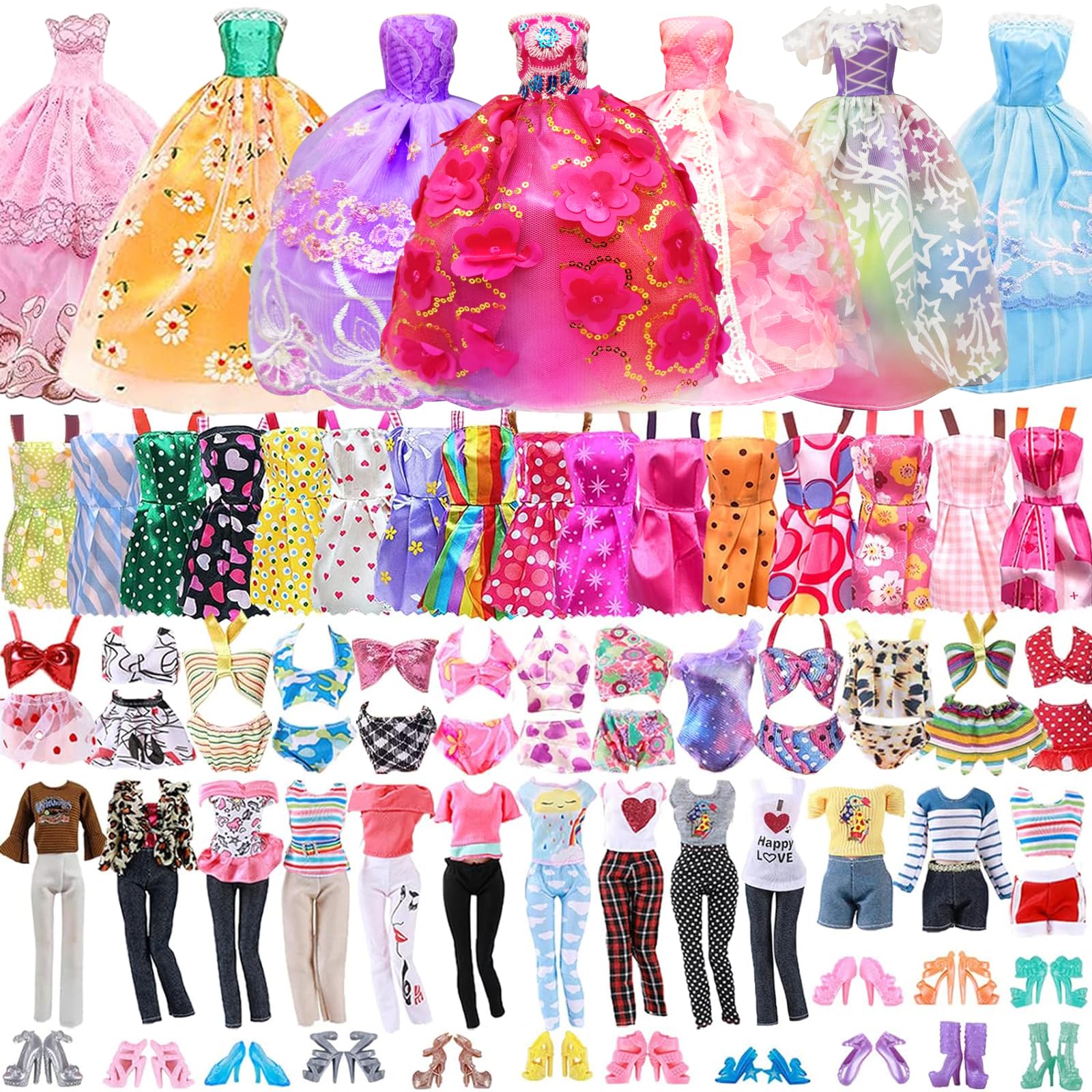 44 PCS Doll Clothes and Accessories Set, 3 Wedding Gown Dresses 3 Swimsuits Bikini 5 Suspender Skirts 2 Tops Pants 10 Shoes 16 Jewelry 5 Hangers Compatible with Barbie 11.5 Inch Doll(Random Style)