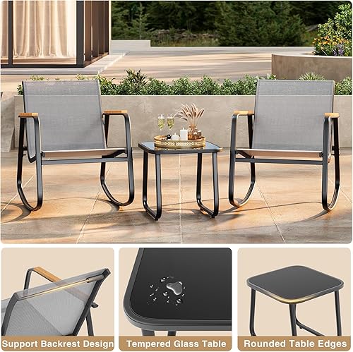 Miniatura 5 de Ahomly - Juego de 3 piezas de muebles de patio, juego de muebles de exterior de Textilene con reposabrazos de madera, mesa de café con superficie de