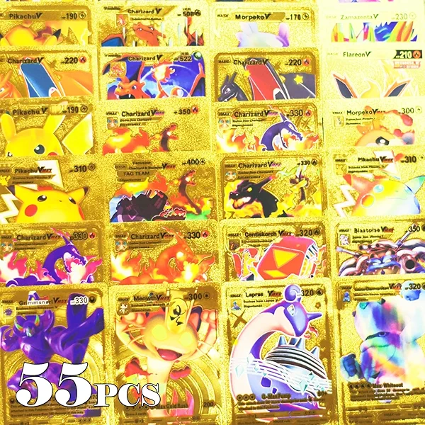 Gold Cards 55pcs Packs EX/Vmax/GX/V/Rare Golden Cards/TCG Deck Box Gold Foil Card/Deck Box Gold Foil Card for Fans/Kids/Collectors Gifts/NO Duplicate