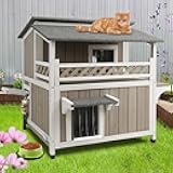 PetsCosset Large Outdoor Cat House Weatherproof with Balcony 2-Story Feral Cats Shelter Indoor Cat Condo with Escape Door & Openable Asphalt Roof