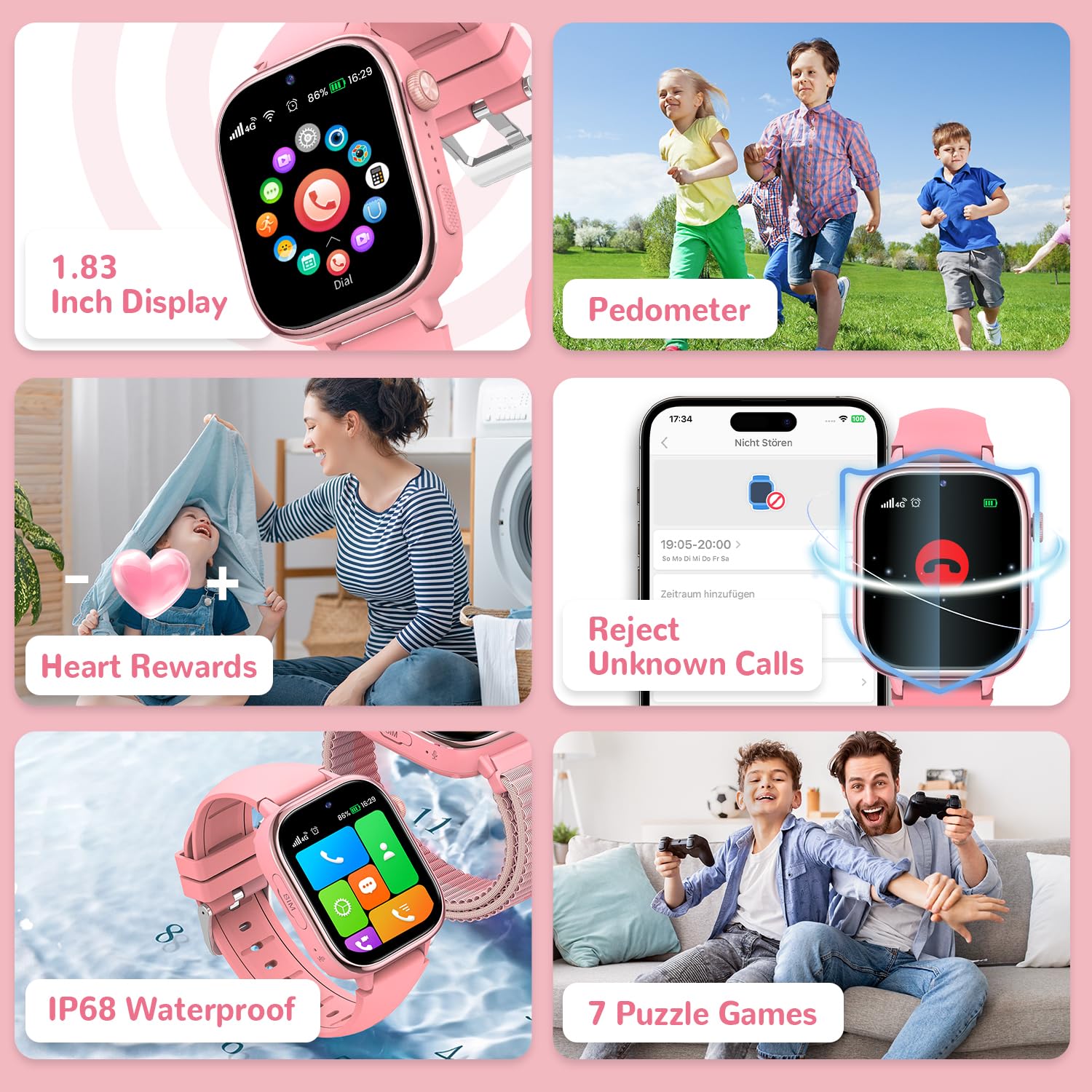 SWGOTA 4G Smartwatch Bambini con GPS e Telefono, Orologio Smartwatch Bambini con Videochiamate, Messaggi, Modalità Scuola, SOS, Impermeabile IP68, Contapassi - Regalo per Ragazzi e Ragazze (Rosa)