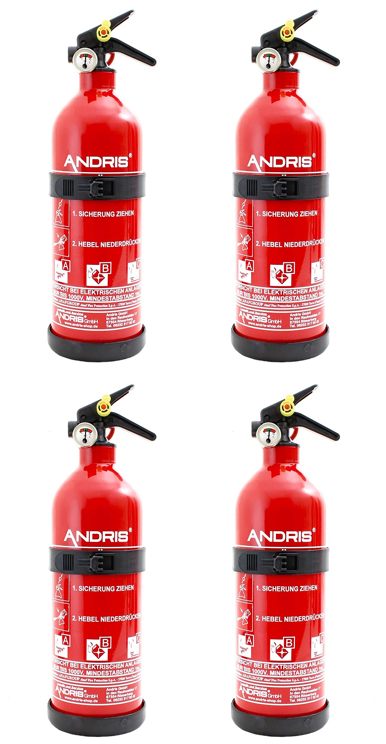 4X Orig. ANDRIS® Marken-Feuerlöscher 1kg ABC Pulverlöscher mit Manometer EN 3 inkl. Auto/KFZ Boot Halterung, ANDRIS® Prüfnachweis mit Jahresmarke & ANDRIS® ISO Symbolschild Folie