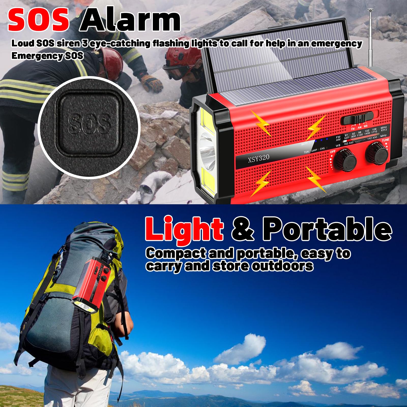 Radio meteorológica de emergencia con 2 paneles solares, radio de manivela portátil, radio AM/FM/NOAA, 3 modos de carga, sirena SOS, 3 modos, linterna, cargador de teléfono celular, luz de lectura