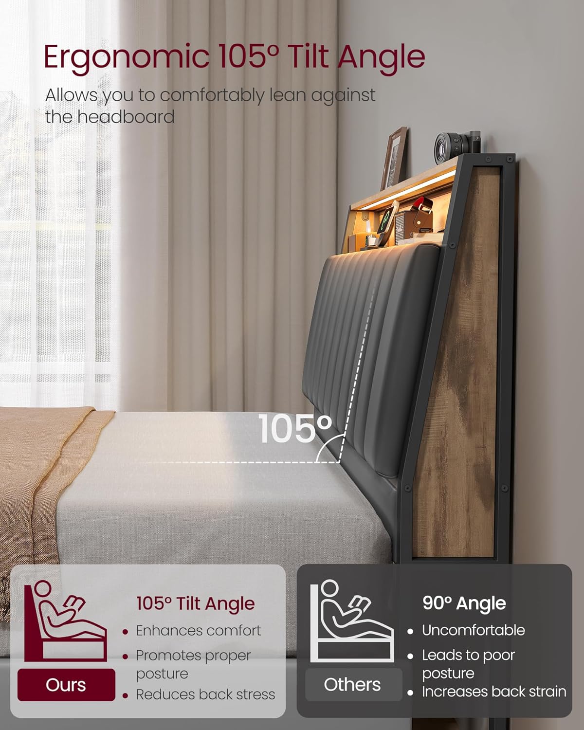 VASAGLE LED Bed Frame Queen Size, Storage Headboard and Charging Station, Queen Bed Frame with 2 AC Outlets, 1 USB Port, 1 Type-C Port, No Box Spring Needed, Dove Gray and Camel Brown URMB841G01 - Image 7