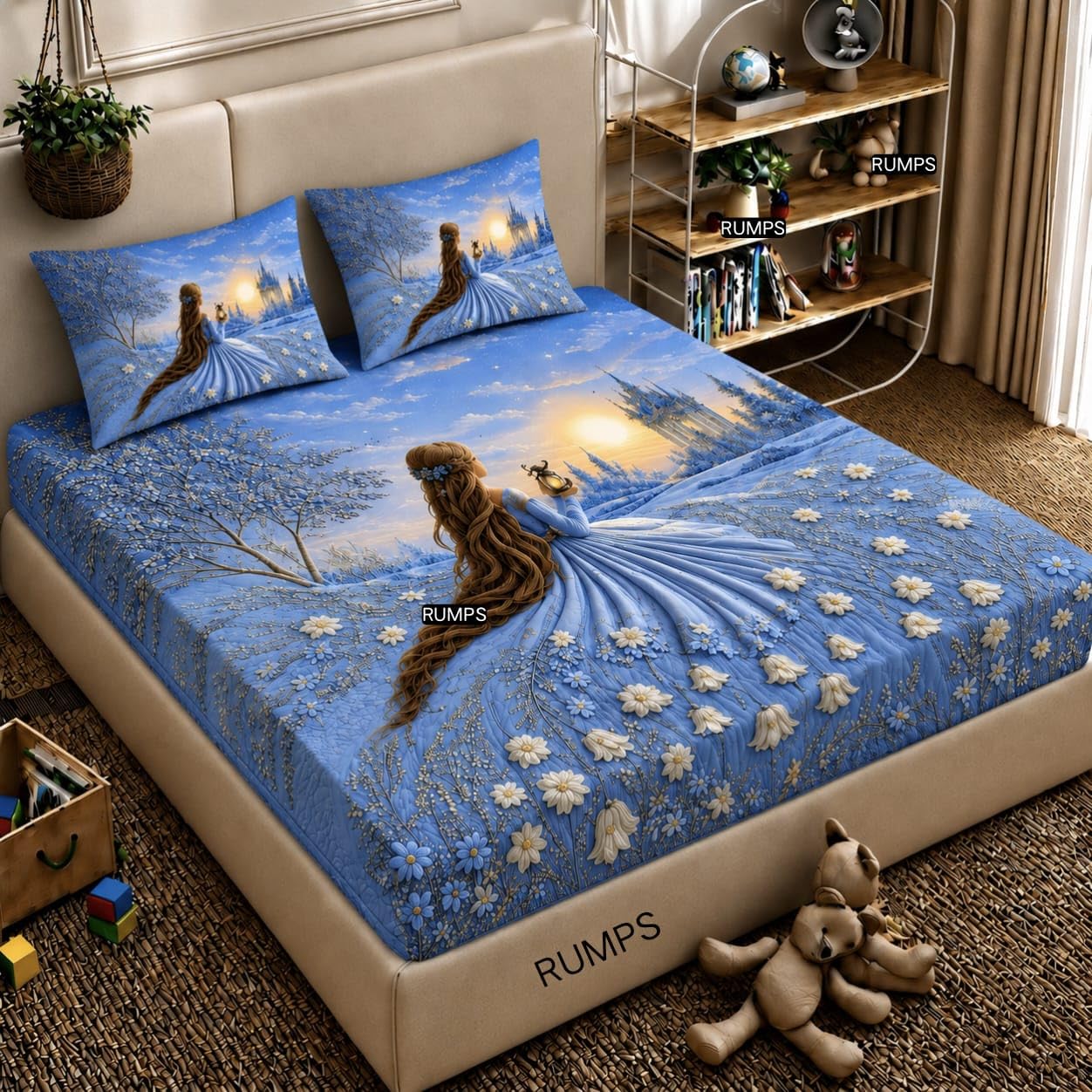 RUMPS 3D Digital Printed Double Bedsheet Flat | Premium Knitted Cotton MicroFabric 90x100 Inch Bed Sheet with 2 Pillow Covers, Cute Cartoon Blue Bird (Blue)