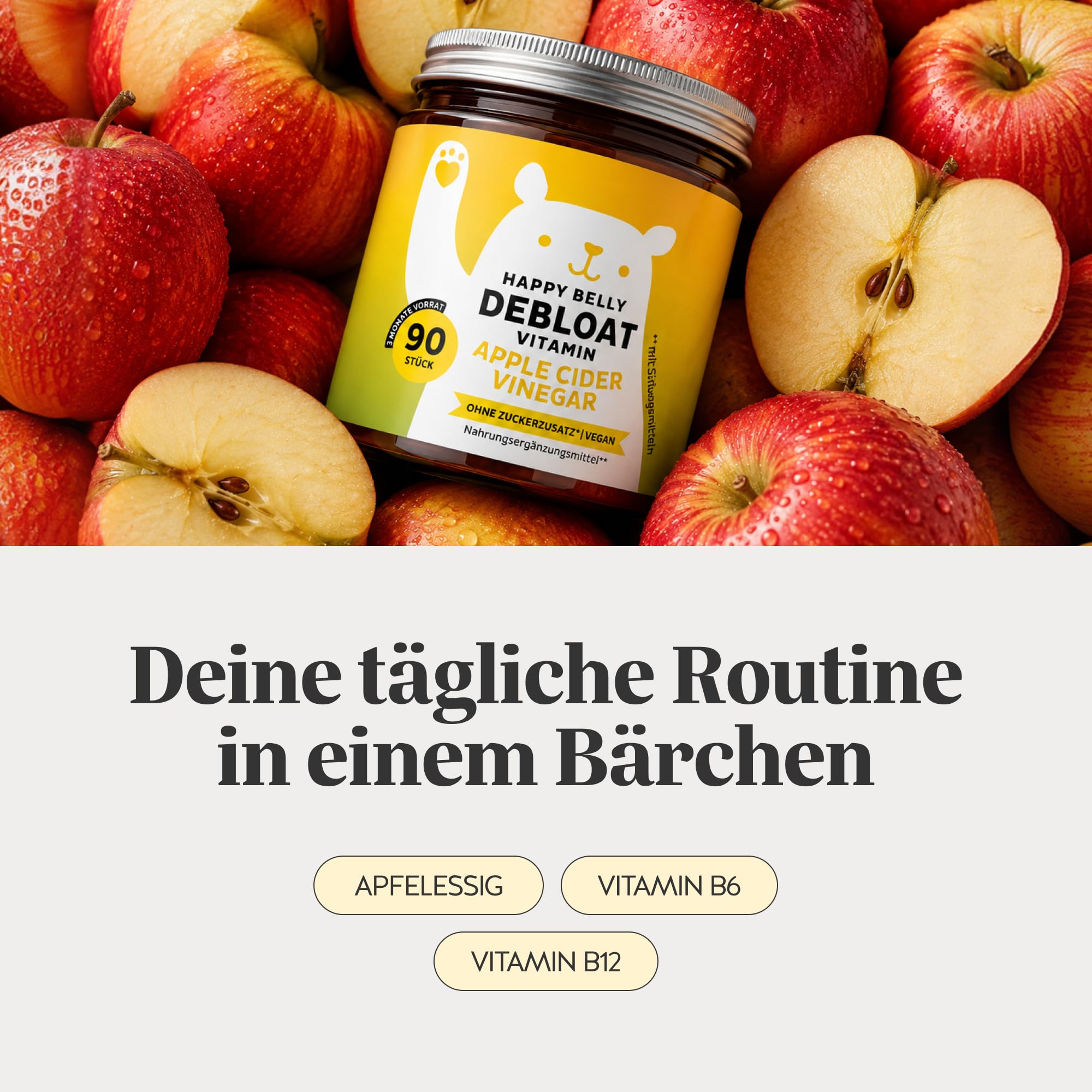 Bears with Benefits - Apfelessig mit Vitamin B12-90 Stück | mit Vitamin B12, B6 - Vorrat für 3 Monate - Zuckerfrei, Vegan