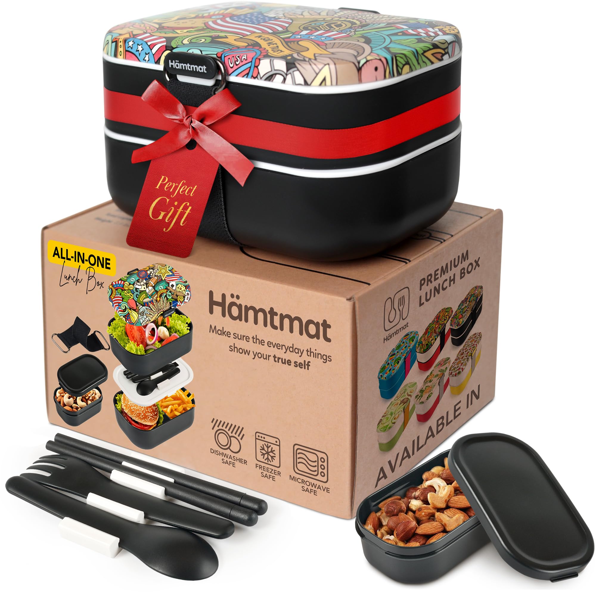 HÄMTMAT Bento Box Adult Lunch Boxes - Japanese Lunch Containers for Adults Lunchbox Set for Meal Prep Cute Stackable Container Insulated Microwave Safe Leak Proof Reusable Chopsticks Black