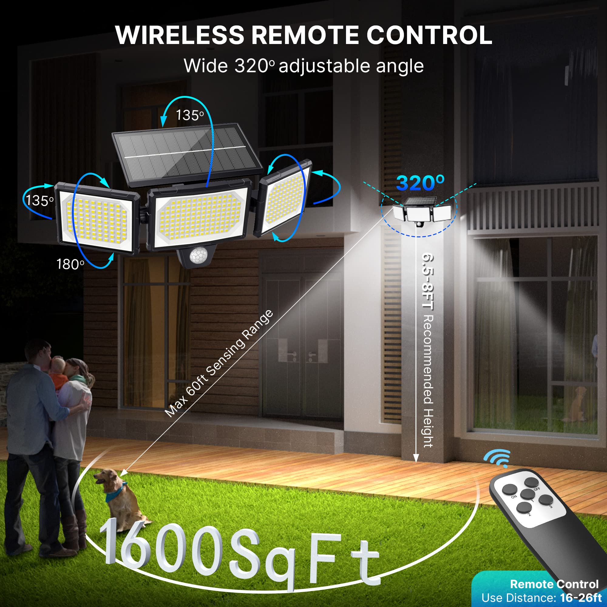 Luz Solar Exterior con Sensor de Movimiento para Jardín 304 LEDs 3 Modos Foco Solar Exterior con Control Remoto, IP65 Impermeable,Iluminación gran Angular Solar Iluminación de Pared, 2 Pieza