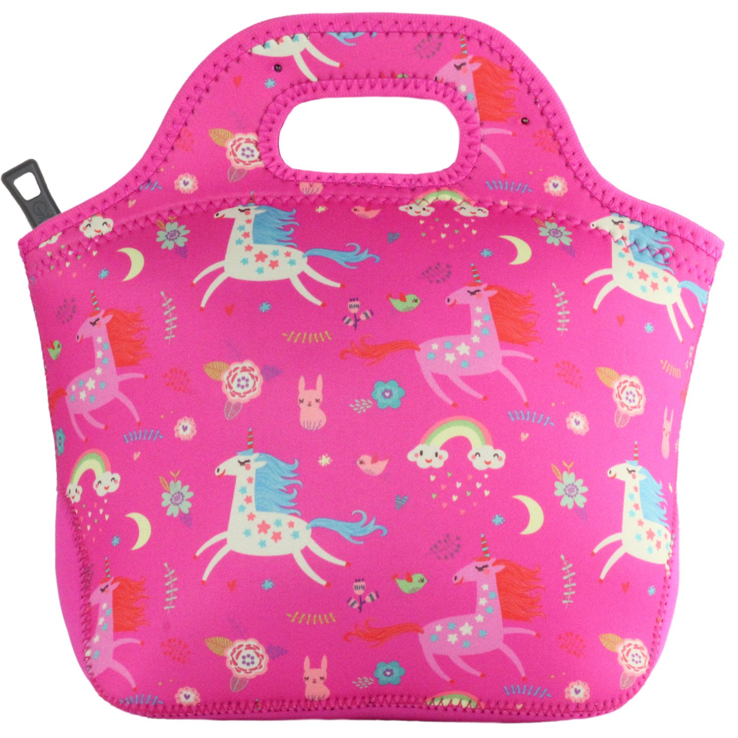 Unicorn Lunch Bag for Girls | with Name Label Pocket | Insulated Neoprene Tote | Cute Pink Rainbow Unicorns | by GOPRENE