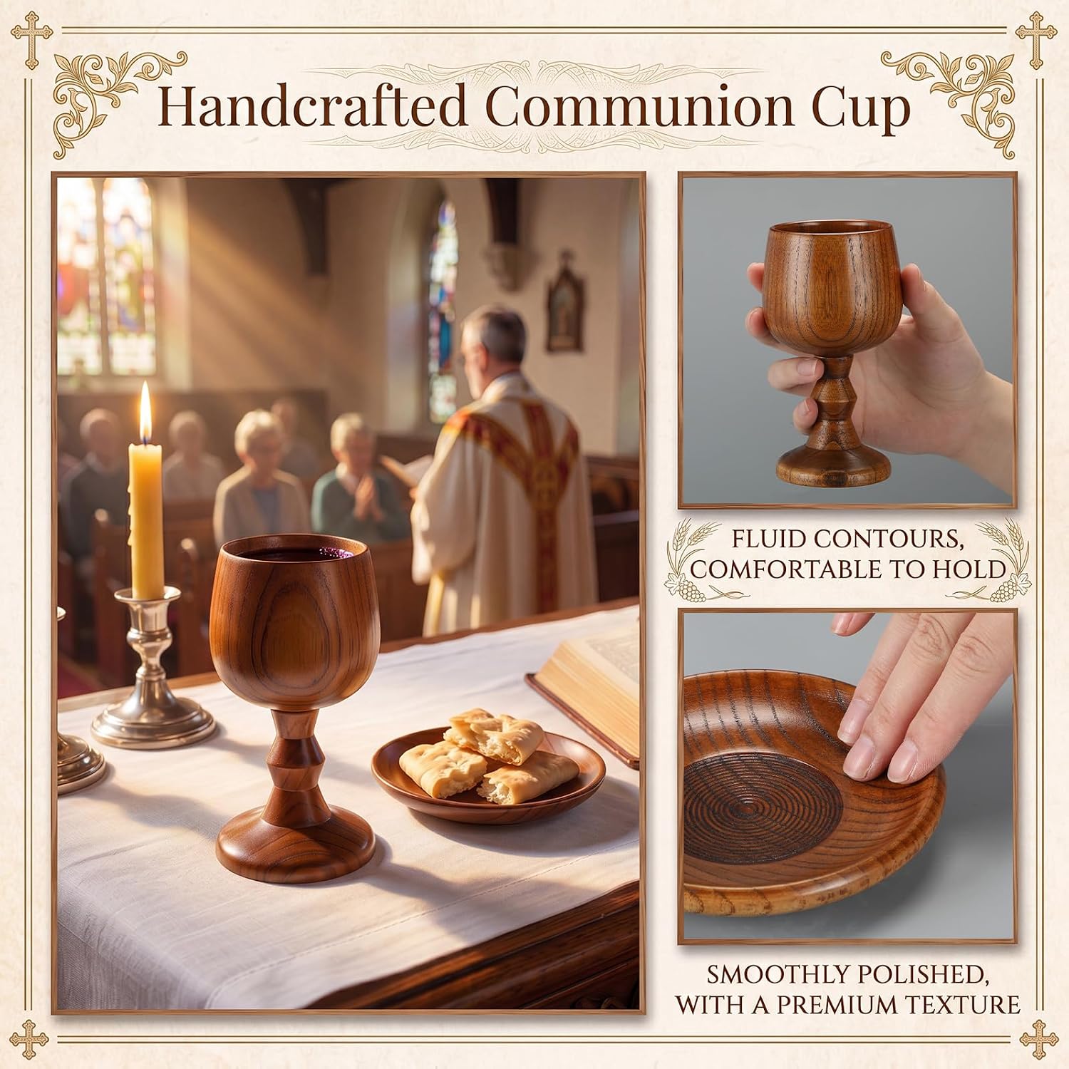 6 Set 5 oz Wooden Goblet Chalice Cup Jujube Wood Communion Cups with Tray Medieval Vintage Wine Goblet Chalice for Churches Easter Christmas Home Rustic Kitchen Holy Communion Celebrating