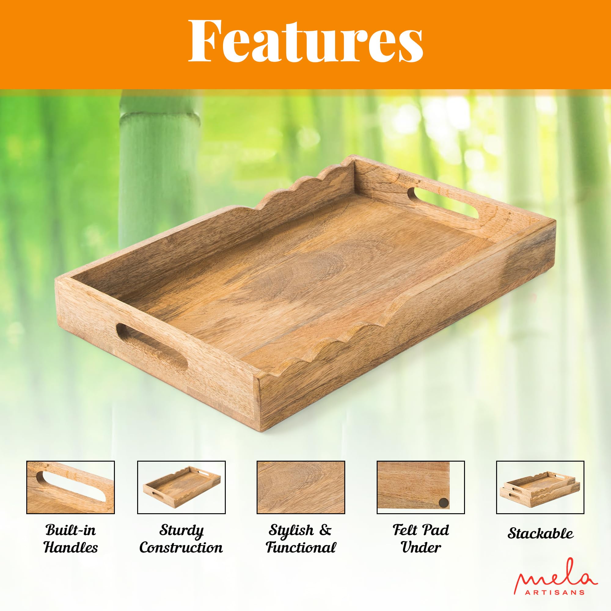 Mela Artisans Serving Tray with Elegant Scalloped Edges, Natural | 15