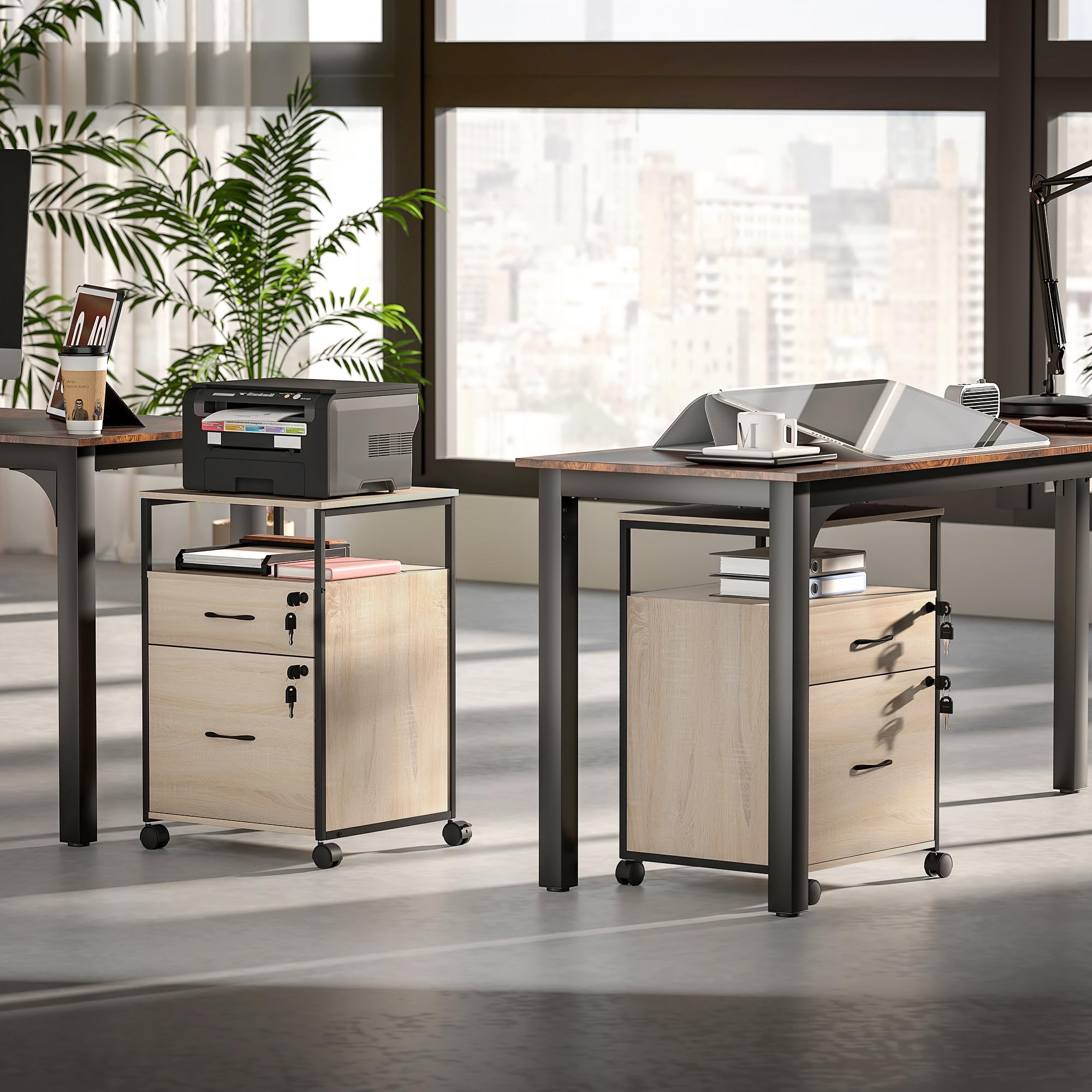 Vinsetto Cassettiera per ufficio con 2 cassetti, cassetto per scrivania con ruote, barra appendiabiti, serratura e 2 chiavi per lettere A4, schedario mobile per studio, 44x40x66,5 cm, naturale