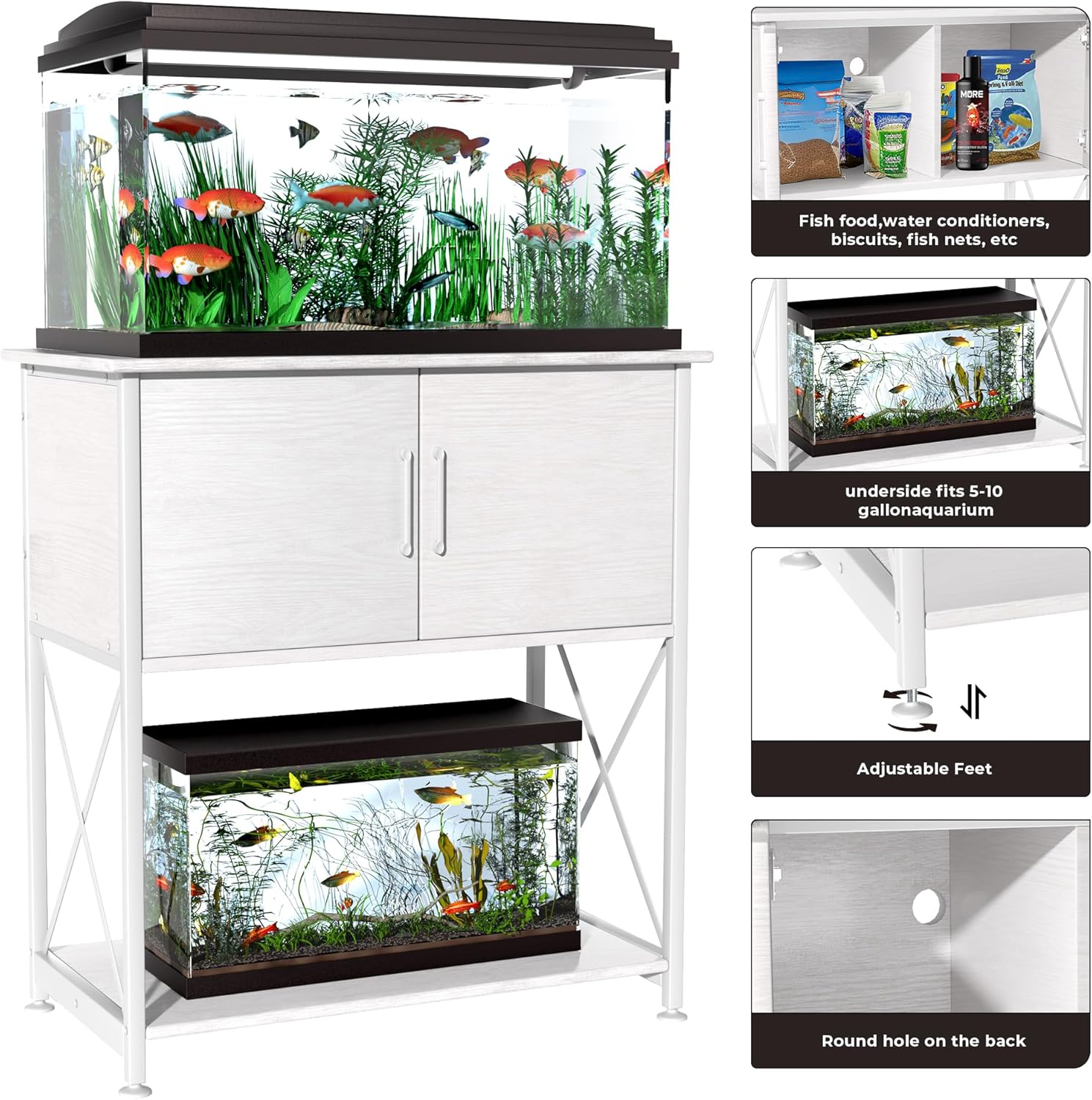 Herture 20-29 Gallon Aquarium Stand Metal Frame Fish Tank Stand with Cabinet Storage, for 20 Gallon Long Aquarium,30.7" L*16.5" W Tabletop,330LBS Capacity White PG01YGW