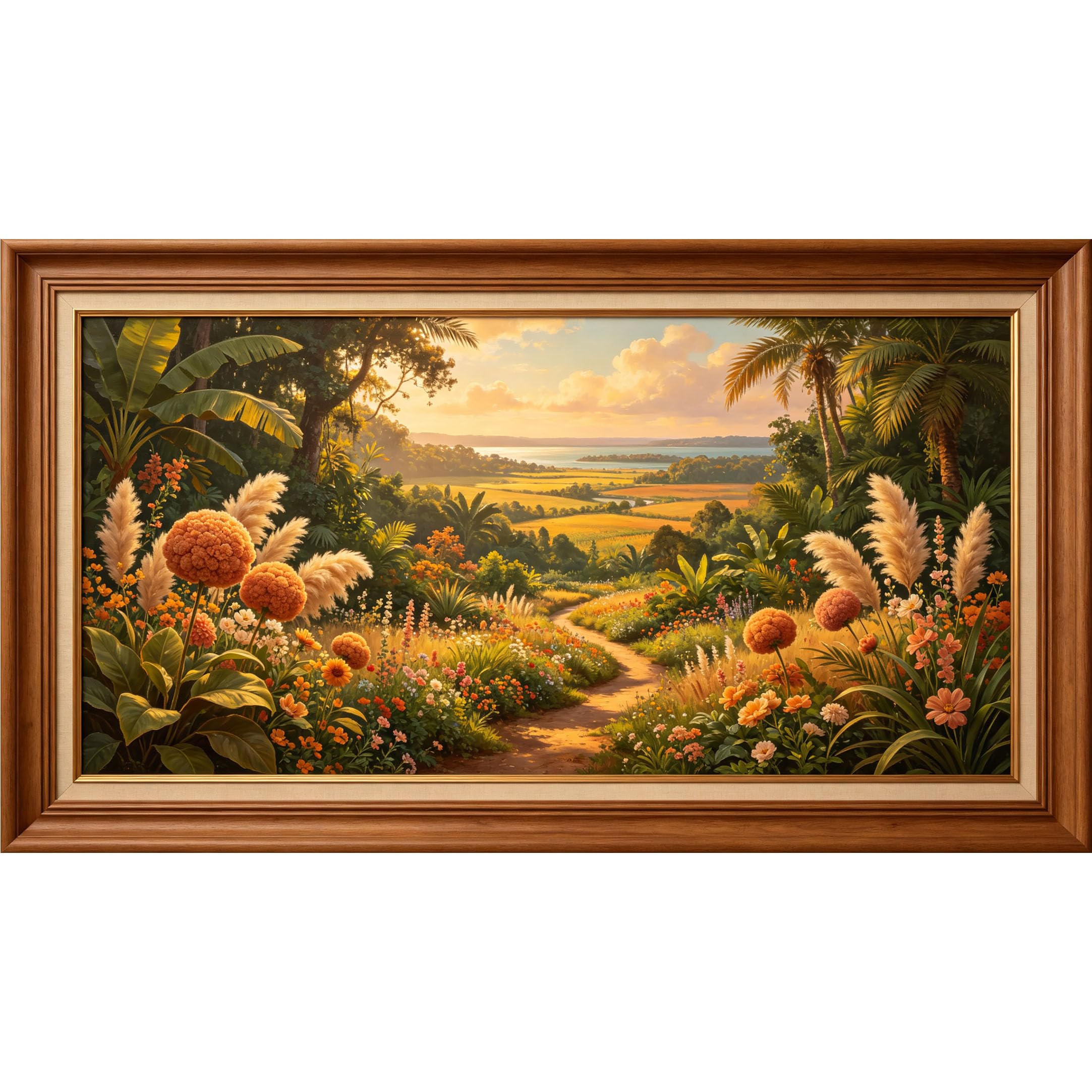QZLITHOTIC 50×100cm 3D Framed Wall Art， Tropical Landscape Sunset Path Botanical Self?Adhesive Mural， Water?Activated Peel & Stick Fabric Decor Wall Decal for Bedroom Living Room