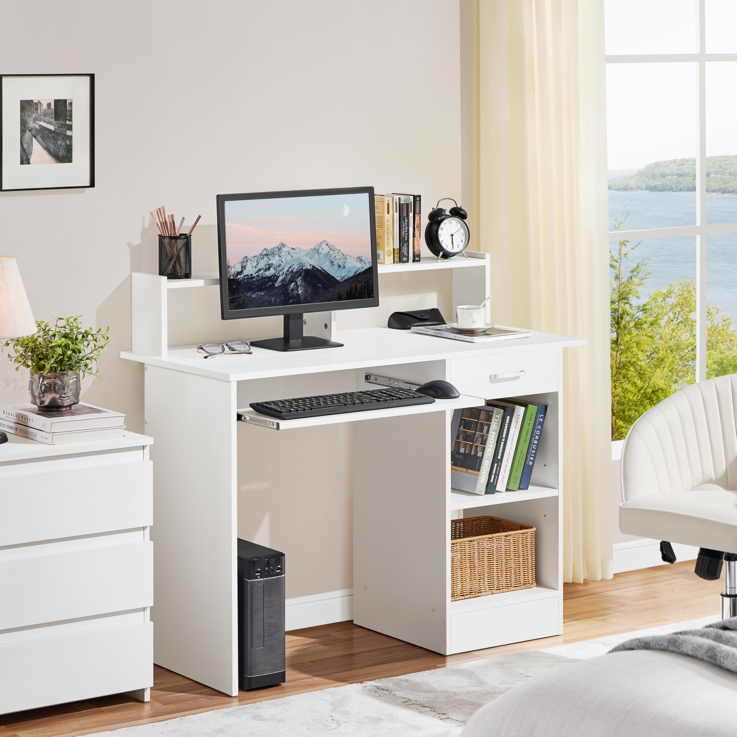 Yaheetech Escritorio con Cajón y Estante Ajustable, Mesa Ordenador con Bandeja para Teclado, Mesa de PC con Soporte de Monitor, para Estudio Dormitorio Oficina, Blanco