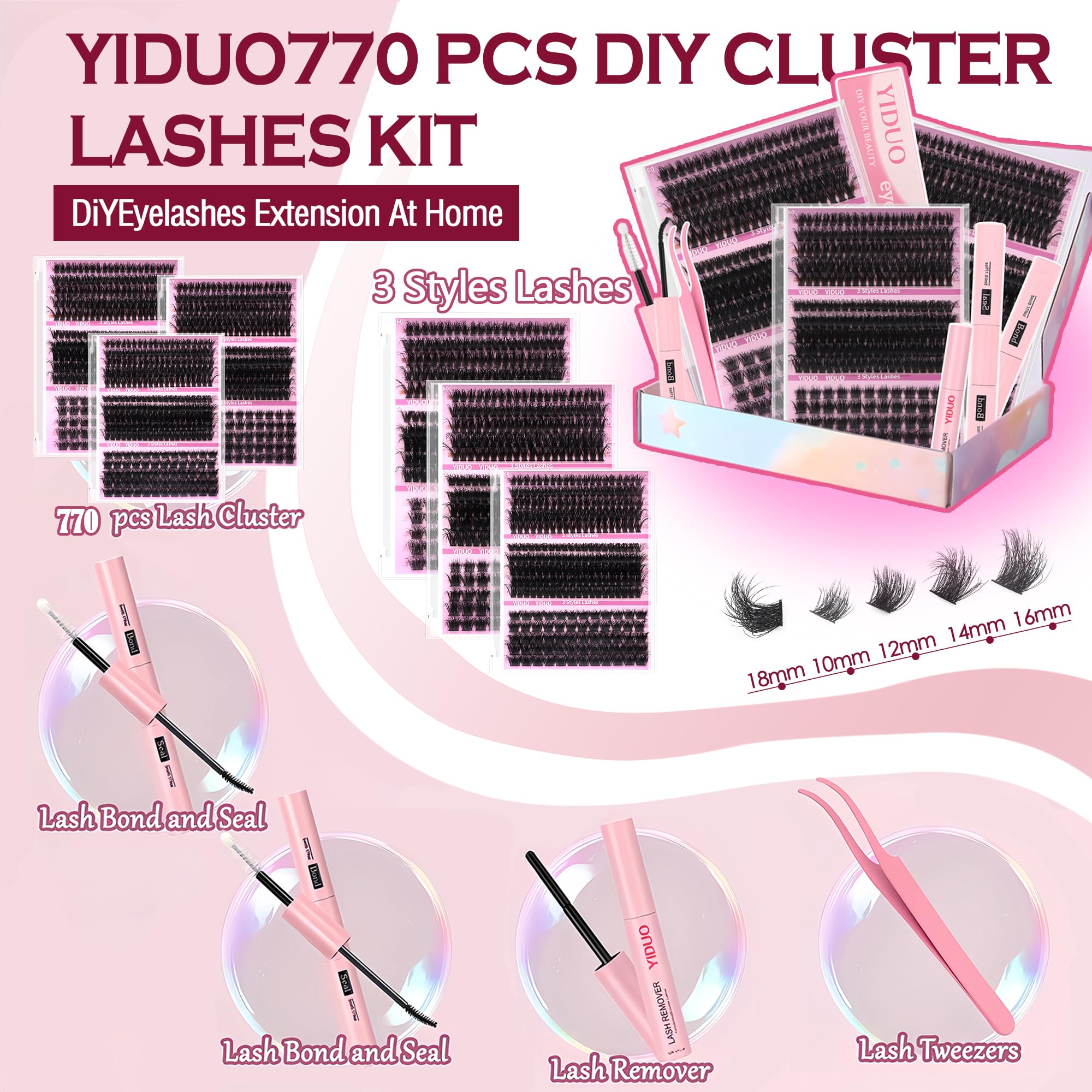 YIDUO Wimpern-Cluster-Set, Geschenkpackung, DIY falsche Wimpern, 5 Stile, gemischte C-Curl, Wispy, flauschiges Volumen, einzelne künstliche Wimpern, Kunstnerz, 770 Stück, Großhandelspackung mit Kleber