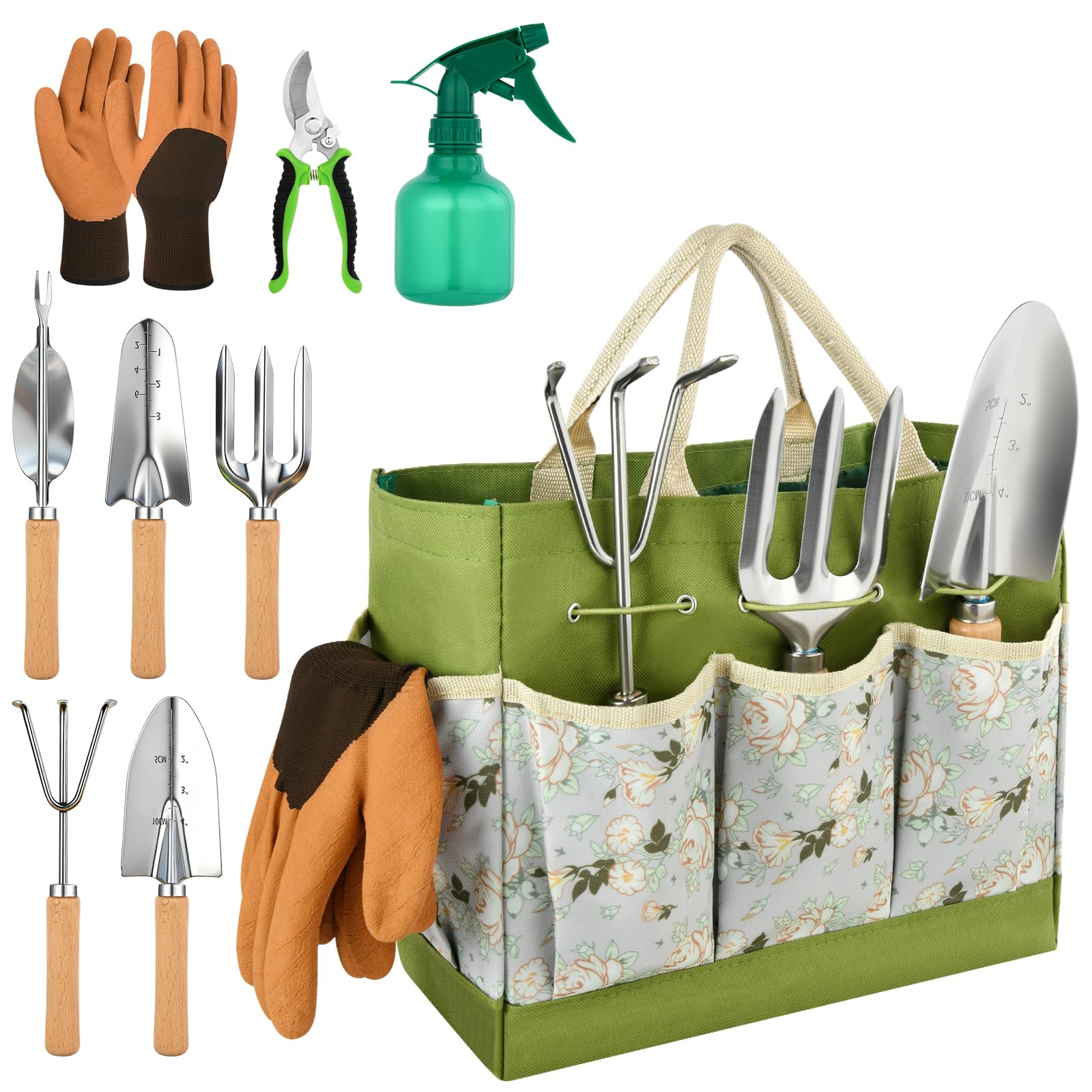Set di Attrezzi da Giardinaggio, 9 Pezzi in Acciaio Inossidabile ad Uso Intensivo, Impugnatura Ergonomica Antiscivolo, Fori Appesi, Strumenti da Giardinaggio per Donne e Uomini, Verde