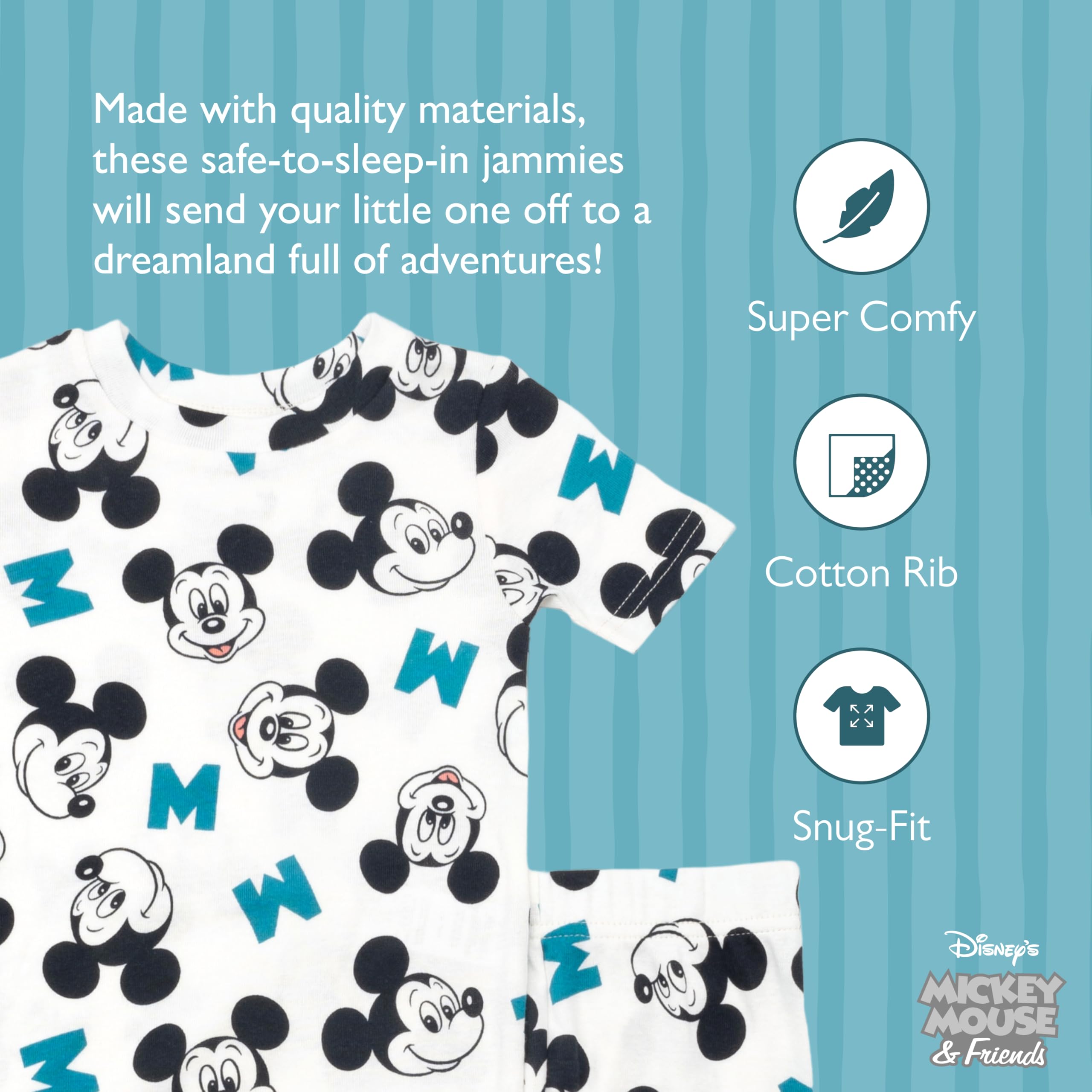 Disney Pigiama da bambino, 4 pezzi, aderente, in cotone, morbido e carino, per bambini, Topolino e amici, 3T, Topolino e amici, 3 anni