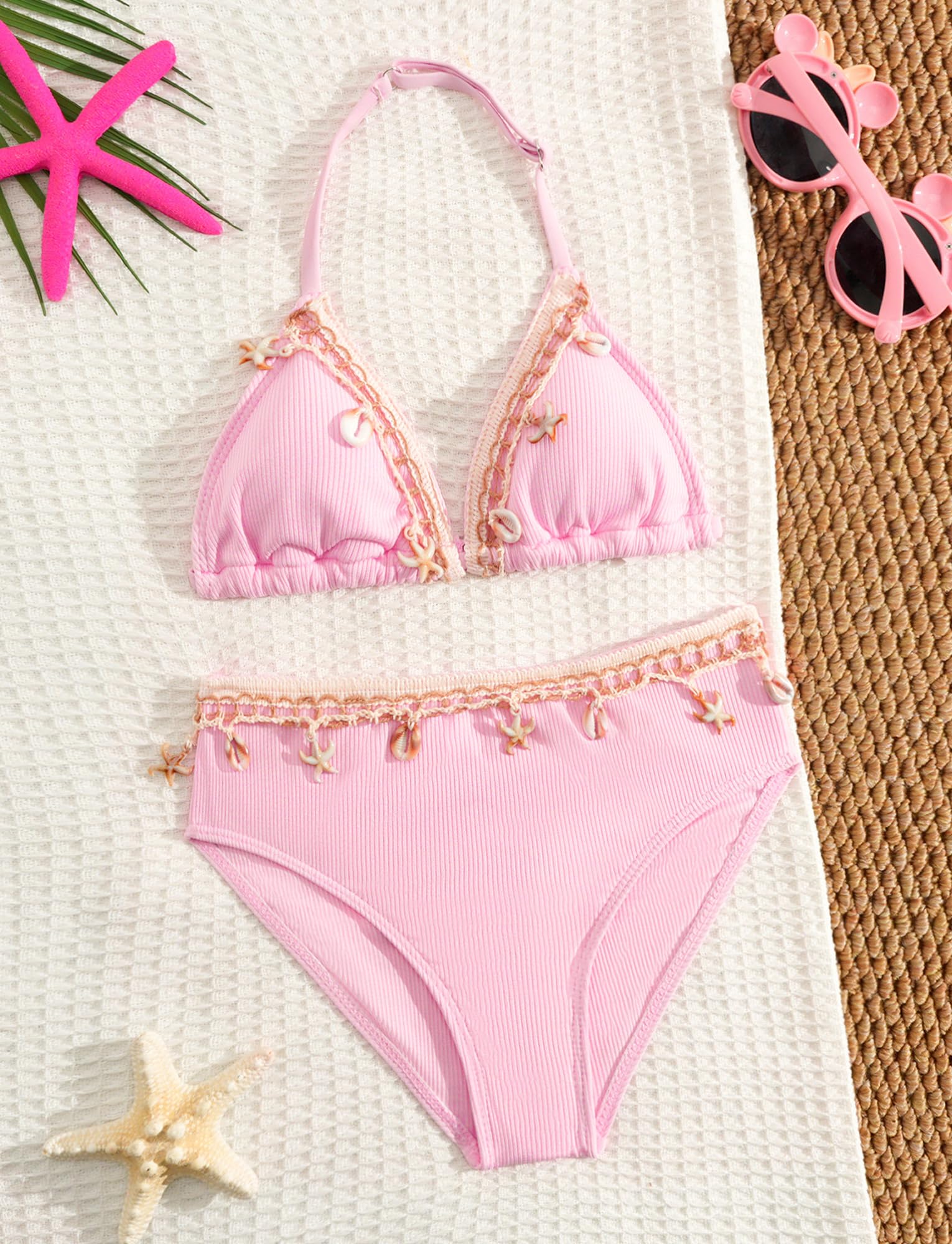 Maeau Costume da bagno da bambina, 3 pezzi, in stile bohémien, con motivo a conchiglie, con scollo all'americana, grazioso slip con copricostume, per bambine di 8-12 anni