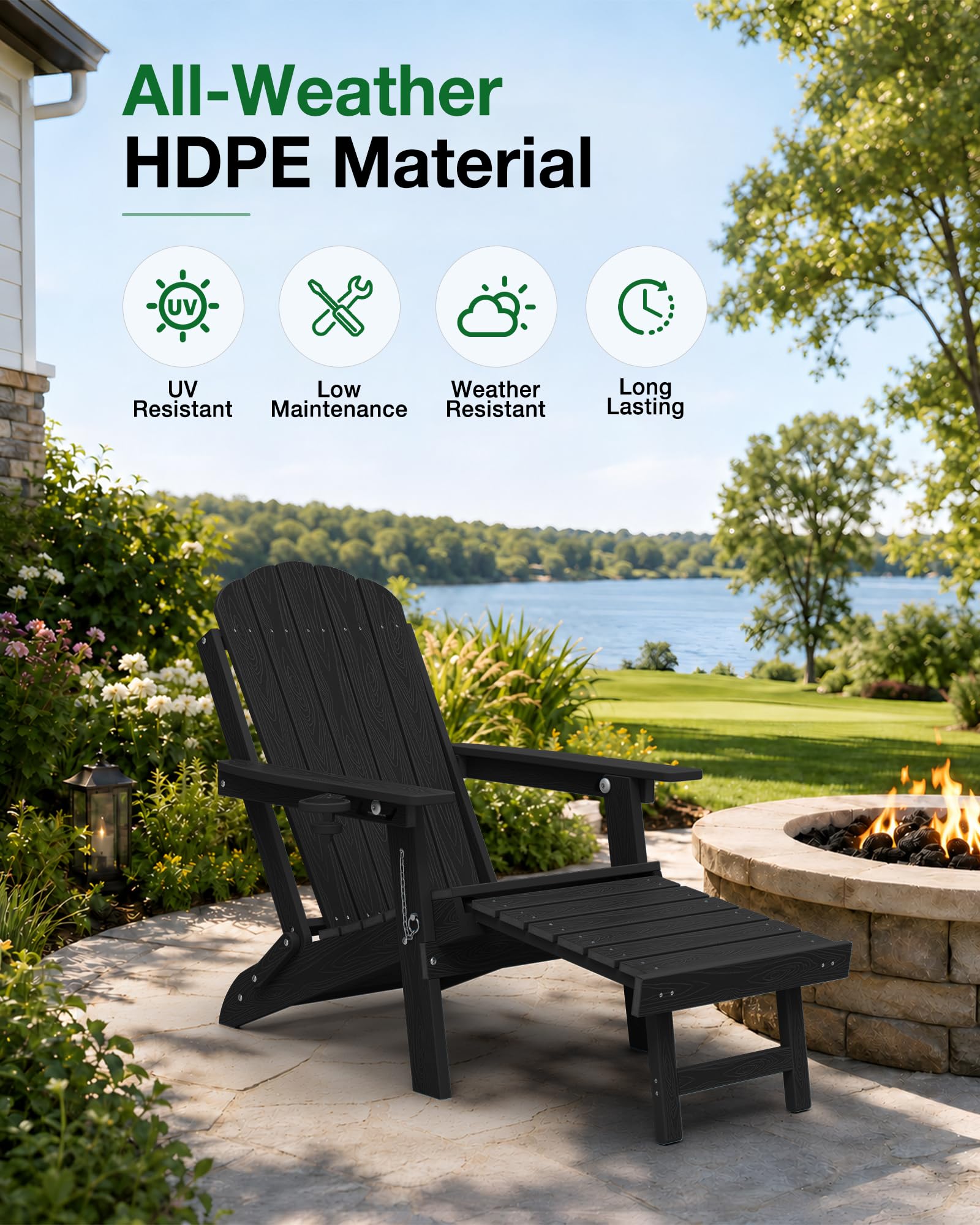 MXIMU Adirondack Stuhl Klappbar für Garten: Adirondack Chair Kunststoff mit Fußstütze & 3-Fach Verstellbarer Rückenlehne - Wetterfest HDPE Outdoor Stuhl für Balkon/Terrasse/Pool/Beach(Schwarz)