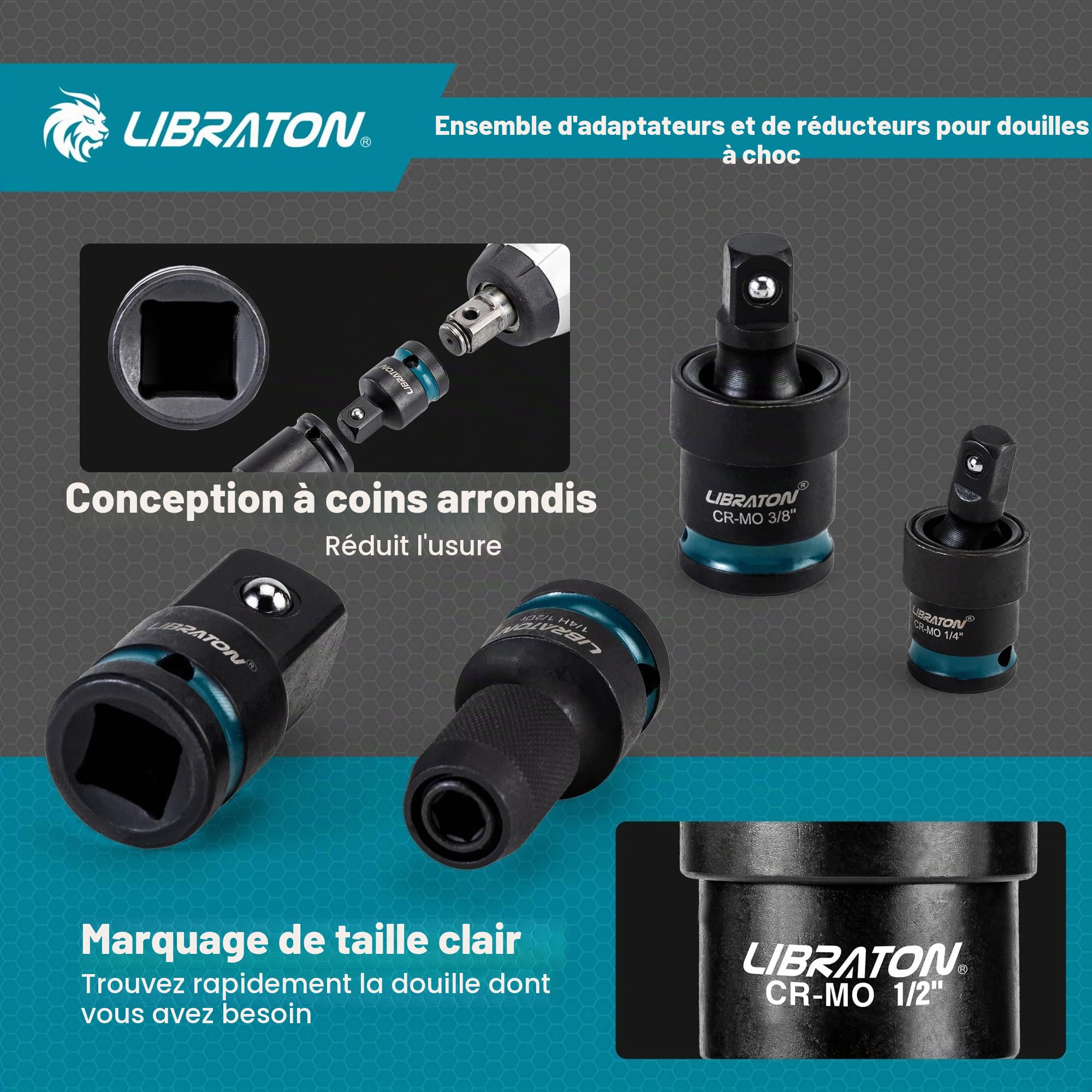 LIBRATON Lot de 11 adaptateurs et réducteurs de douilles à choc avec fonction pivotante – Convertisseurs hexagonaux 1/4 pour réparation automobile – Boîte moulée par soufflage
